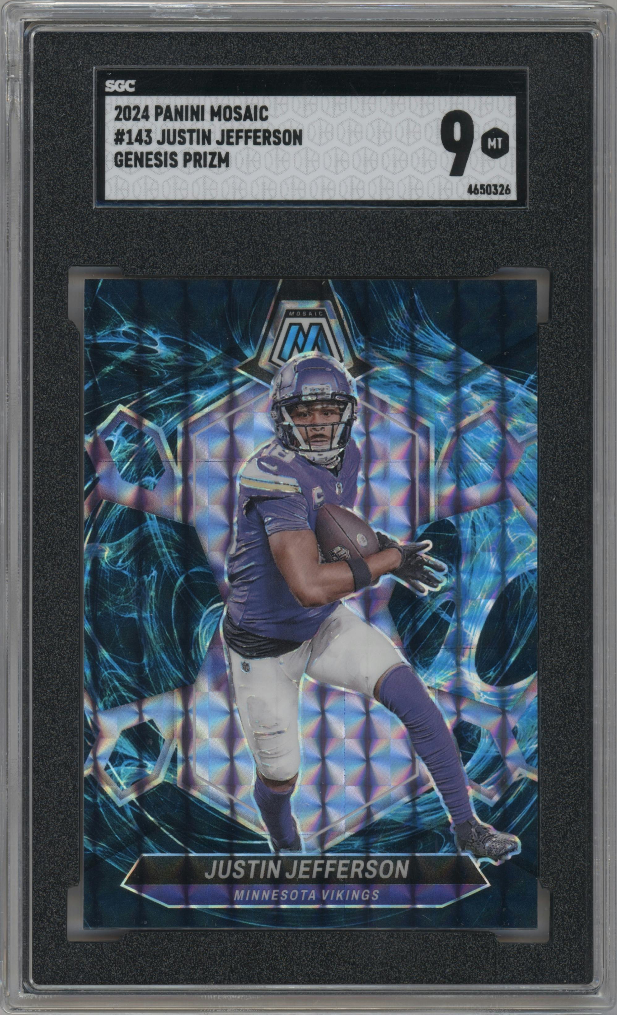 Justin Jefferson from the 2024 Panini Mosaic set featuring a Genesis parallel graded by SGC and given an overall grade of 9.