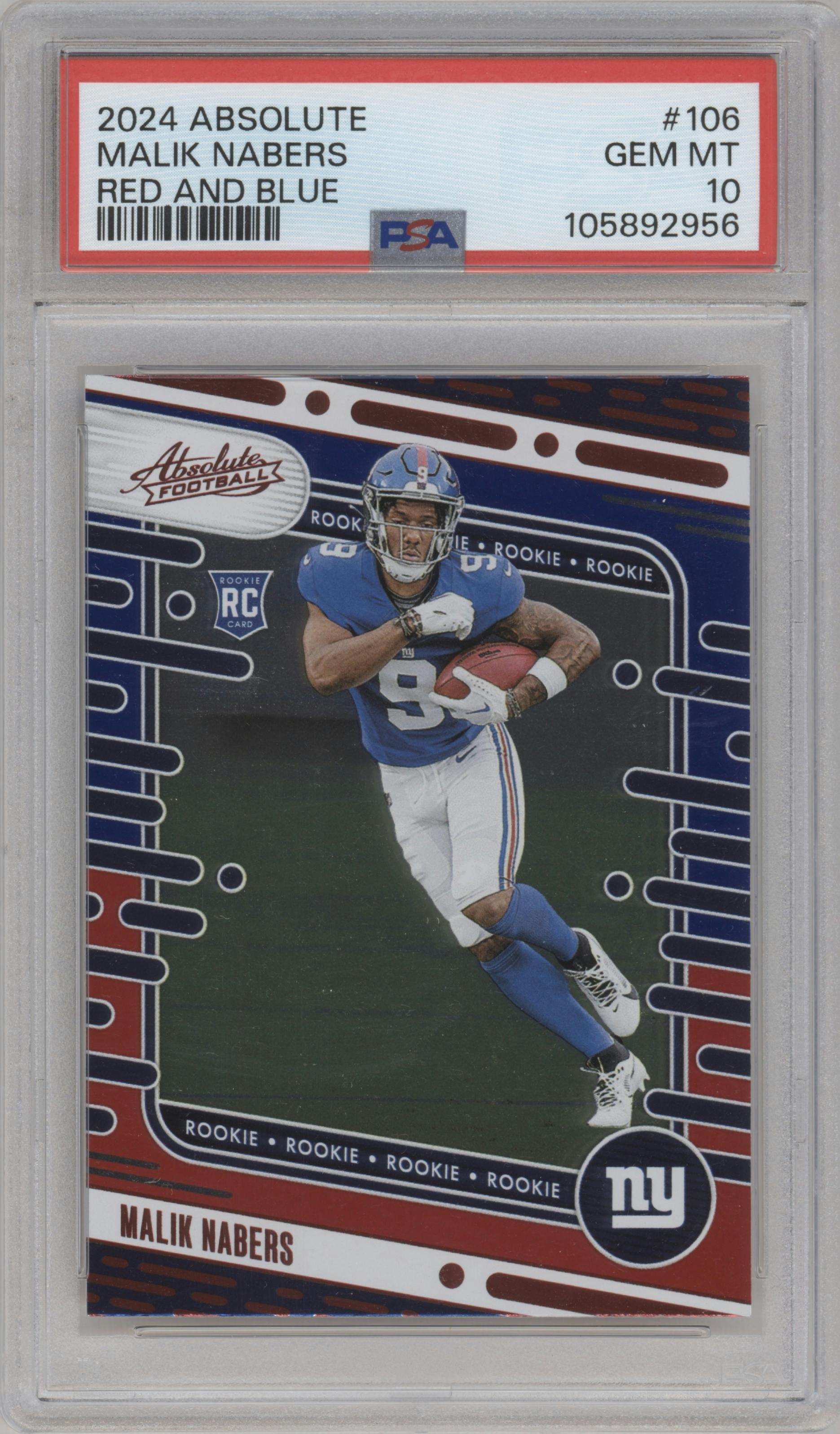Malik Nabers from the 2024 Panini Absolute set featuring a Red & Blue parallel graded by PSA and given an overall grade of 10.