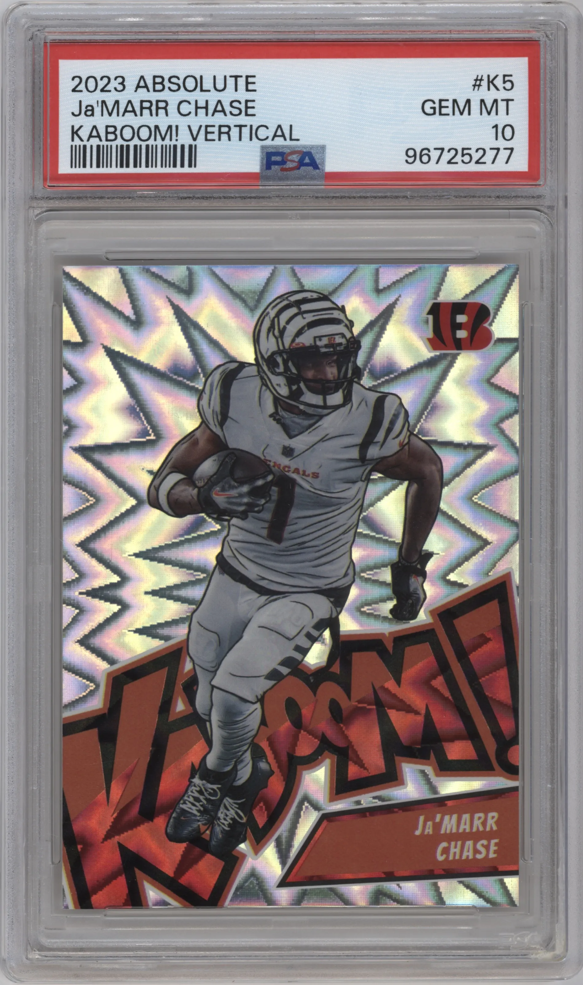 Ja’Marr Chase from the 2023 Panini Absolute set graded by PSA and given an overall grade of 10.