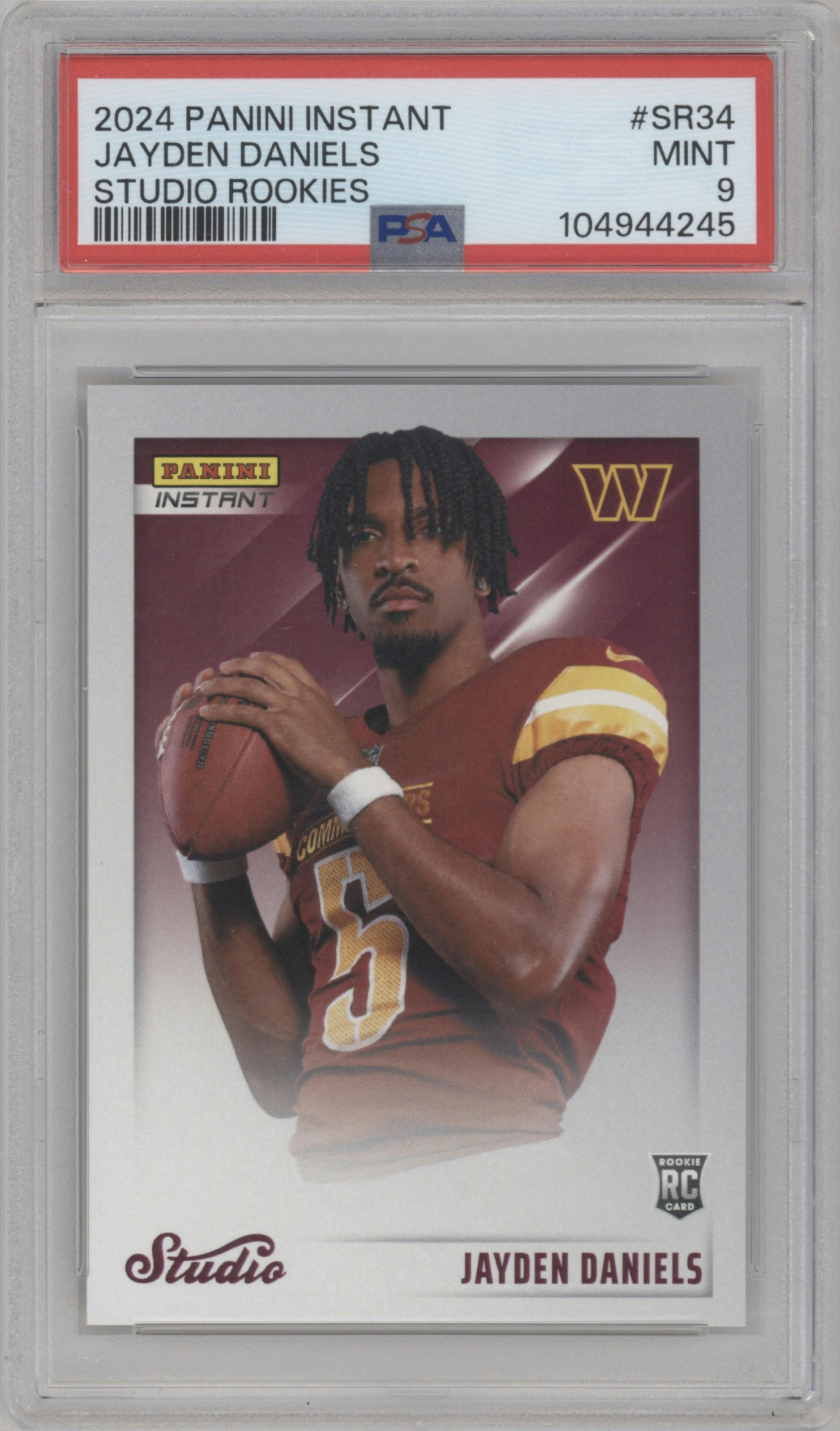 Jayden Daniels from the 2024 Panini Instant NFL set graded by PSA and given an overall grade of 9.