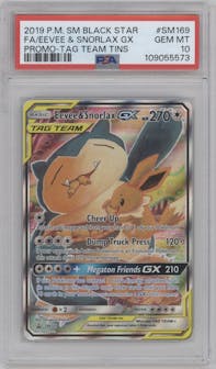 Eevee/Snorlax GX from the 2019 Pokemon S&M  set featuring a Tag Team Tins parallel graded by PSA and given an overall grade of 10.