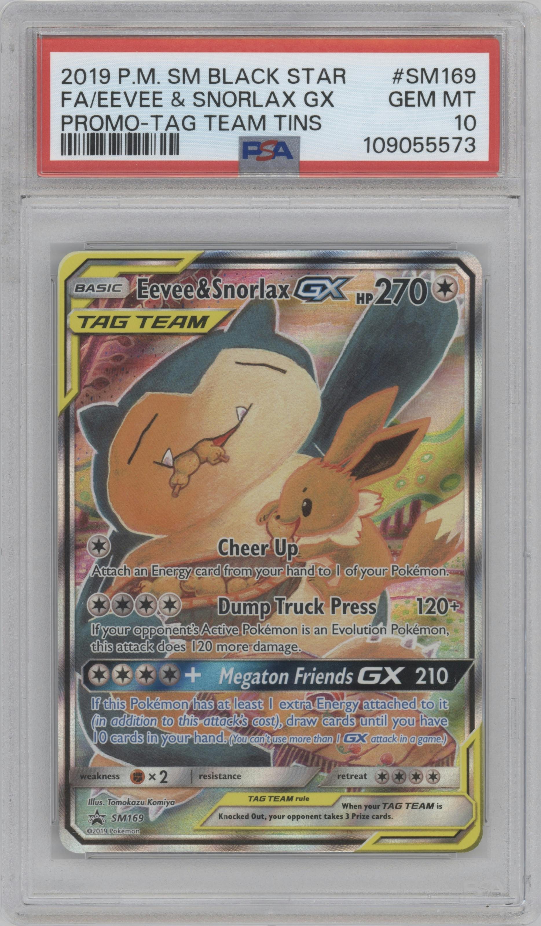 Eevee/Snorlax GX from the 2019 Pokemon S&M  set featuring a Tag Team Tins parallel graded by PSA and given an overall grade of 10.