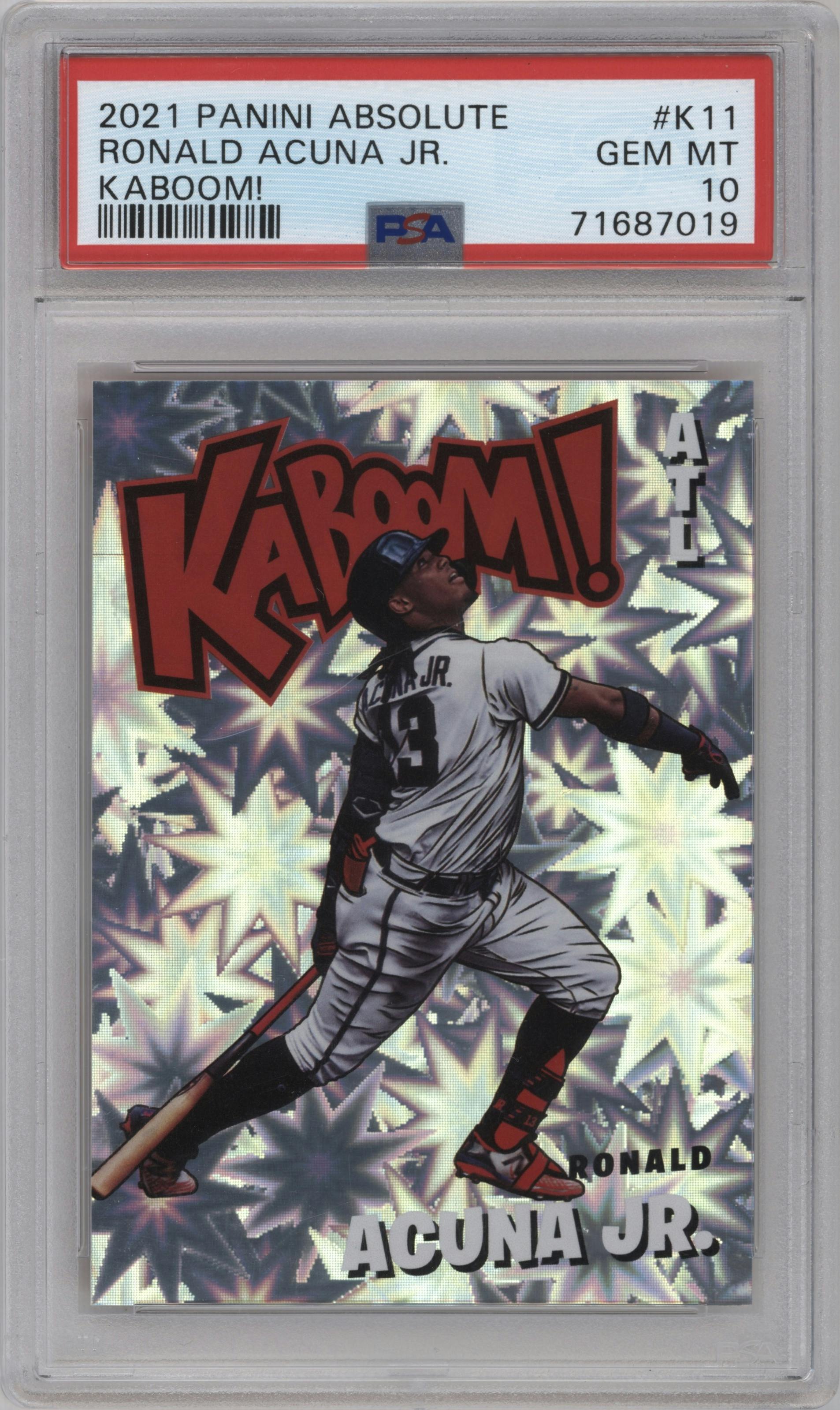 Ronald Acuna Jr. from the 2021 Panini Absolute set graded by PSA and given an overall grade of 10.