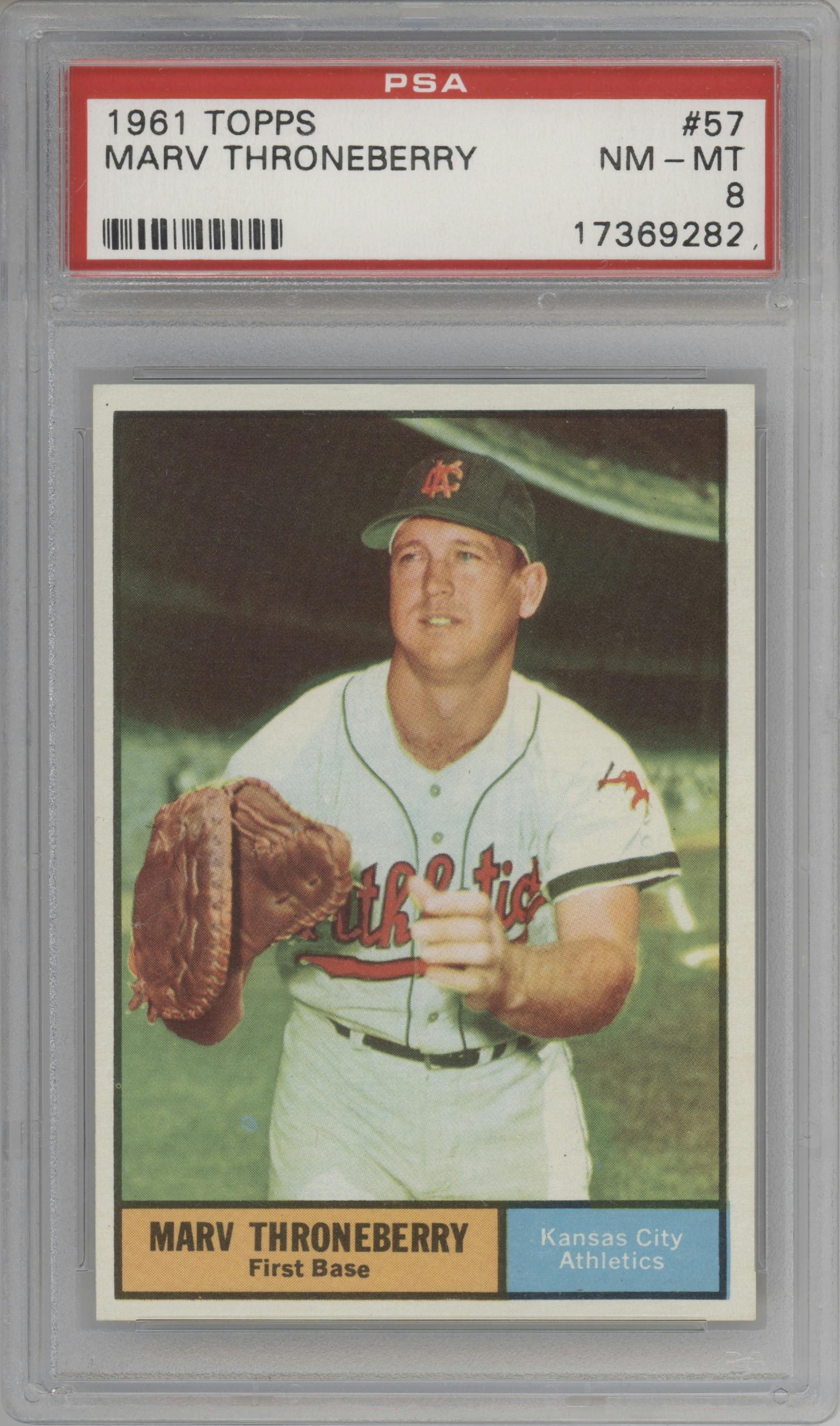 Marv Throneberry from the 1961 Topps set graded by PSA and given an overall grade of 8.