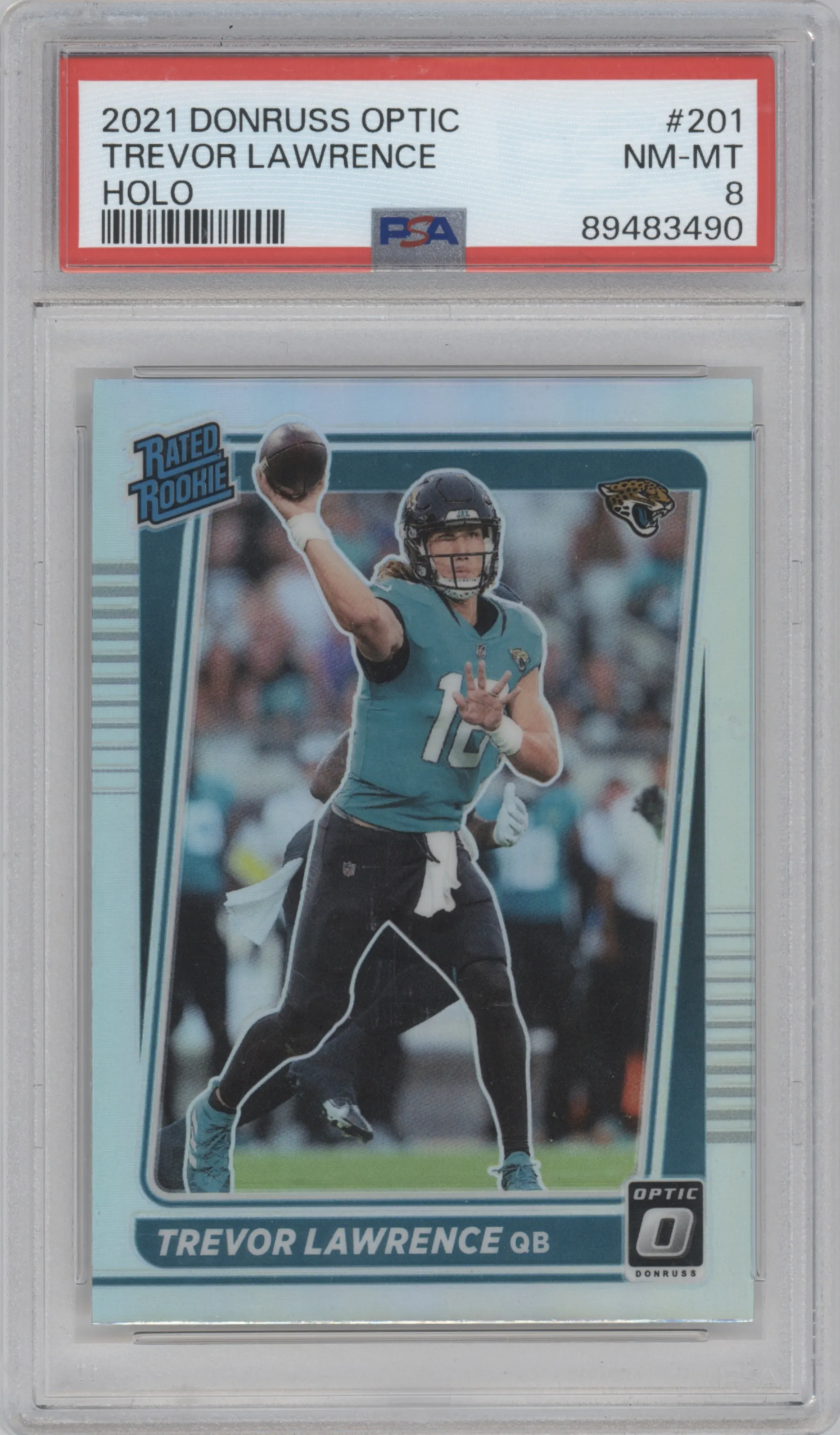 Trevor Lawrence from the 2021 Panini Donruss Optic set featuring a Holo parallel graded by PSA and given an overall grade of 8.