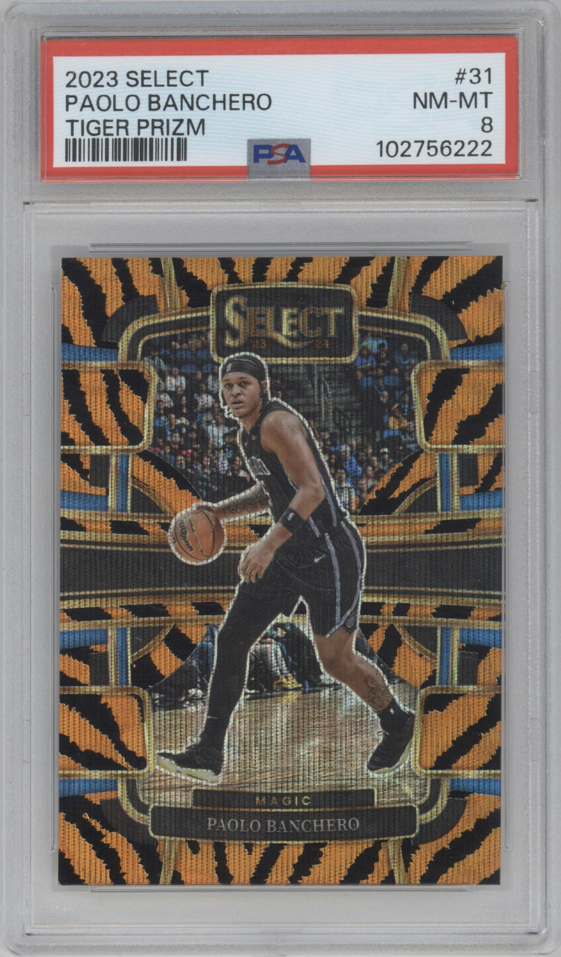  Paolo Banchero from the 2023-24 Panini Select  set featuring a Tiger parallel graded by PSA and given an overall grade of 8.