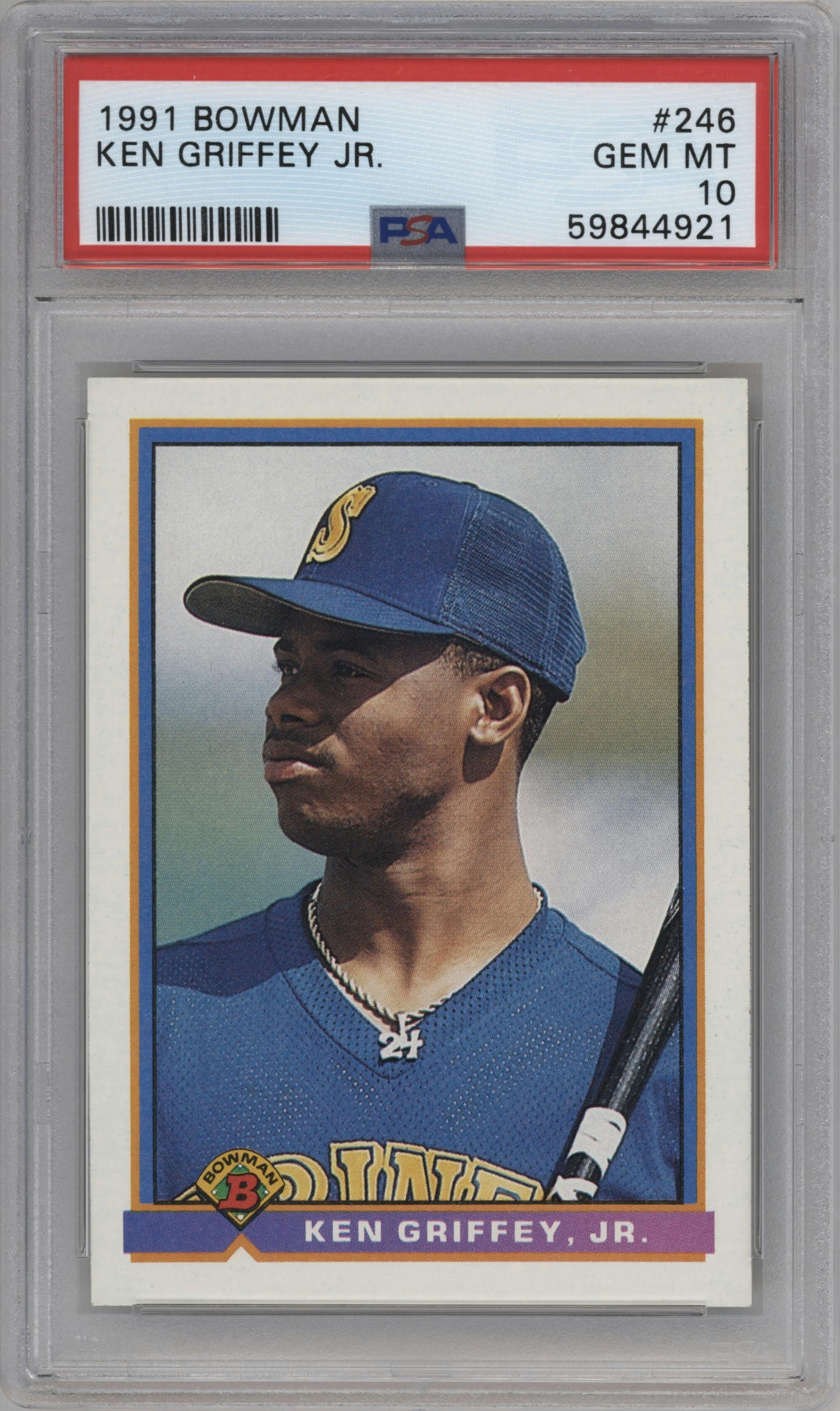 Ken Griffey Jr. from the 1991 Bowman set graded by PSA and given an overall grade of 10.