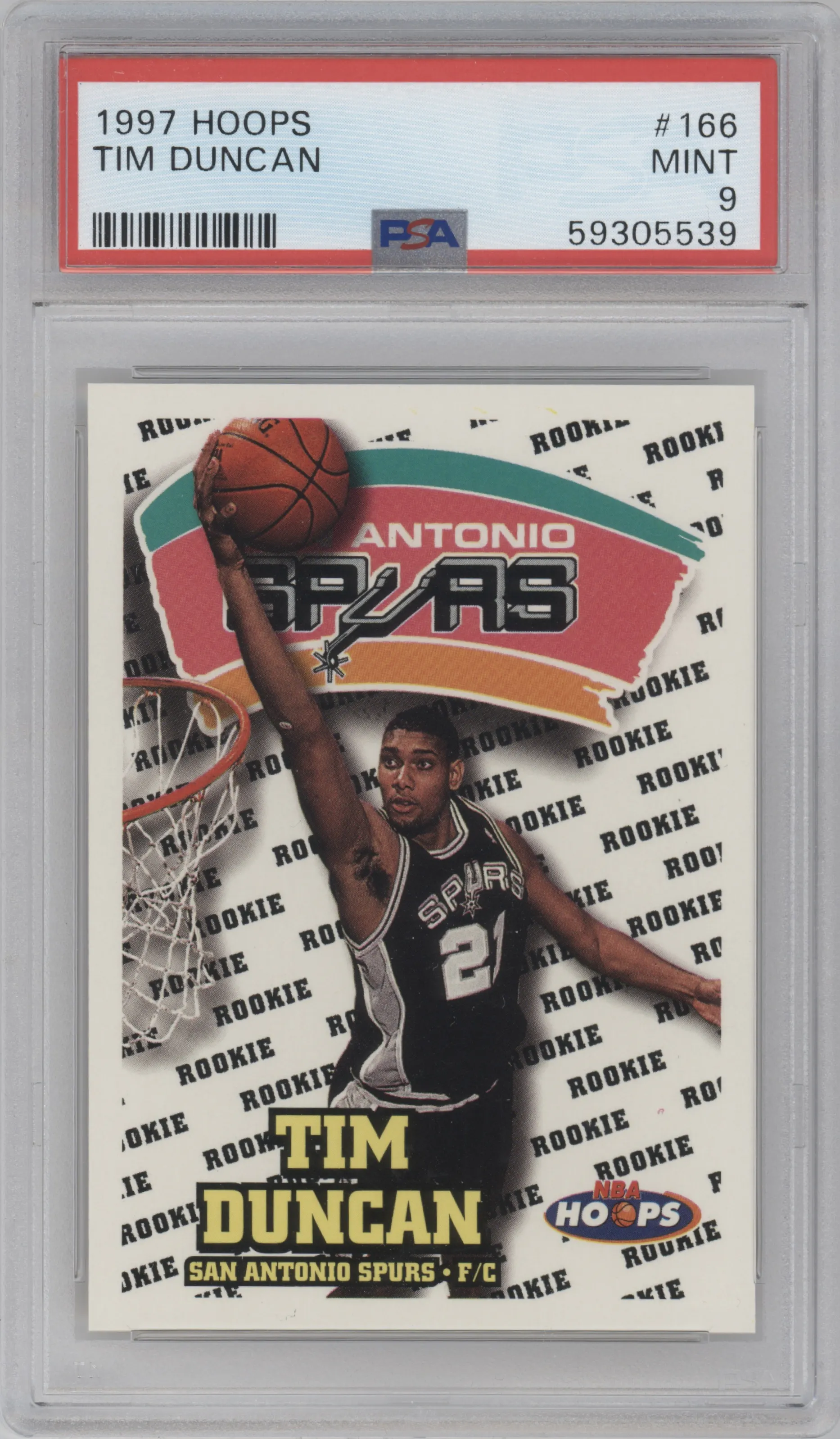 Tim Duncan from the 1997-98 NBA Hoops set graded by PSA and given an overall grade of 9.
