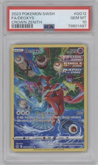 Deoxys from the 2023 Pokemon SWSH set graded by PSA and given an overall grade of 10.