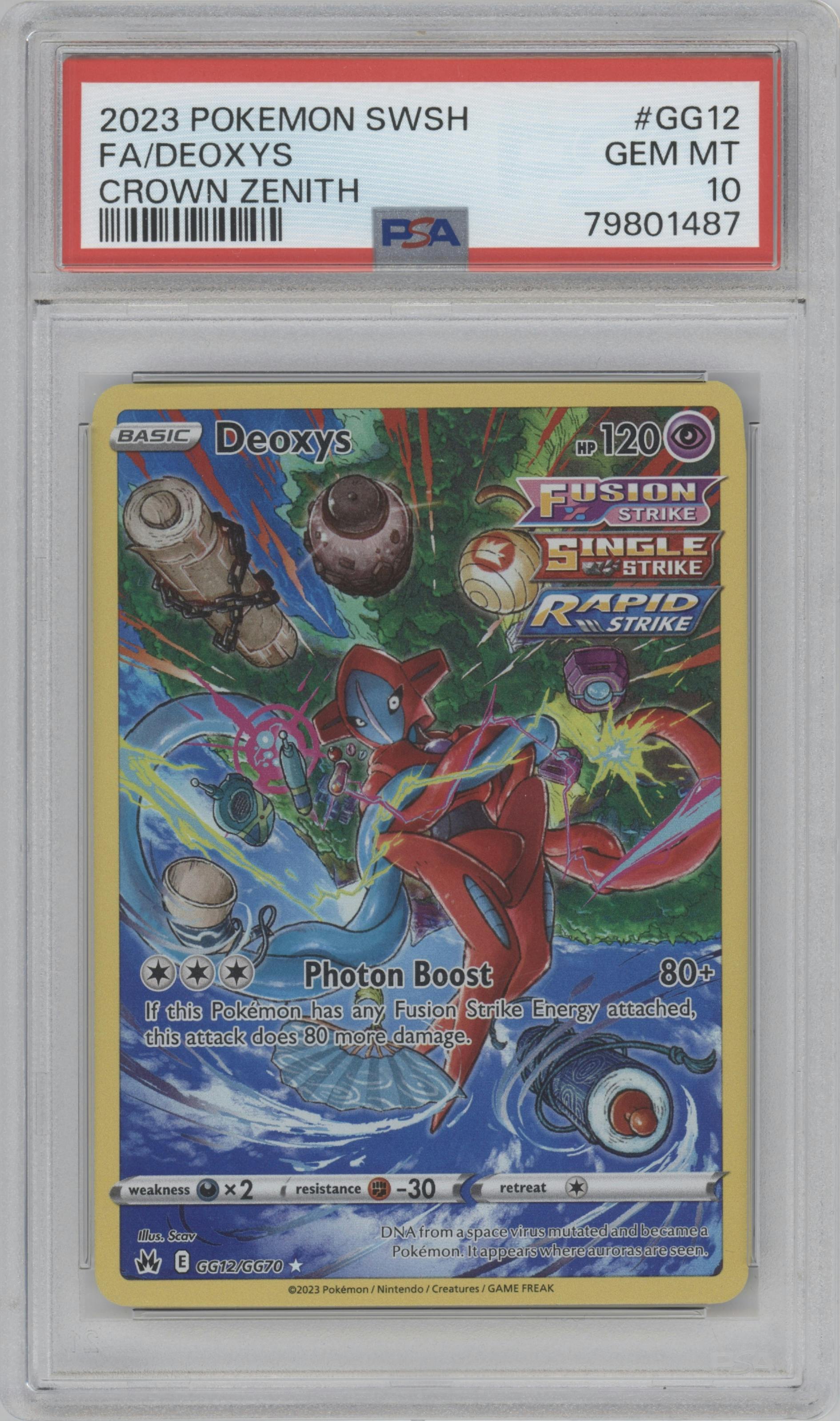 Deoxys from the 2023 Pokemon SWSH set graded by PSA and given an overall grade of 10.