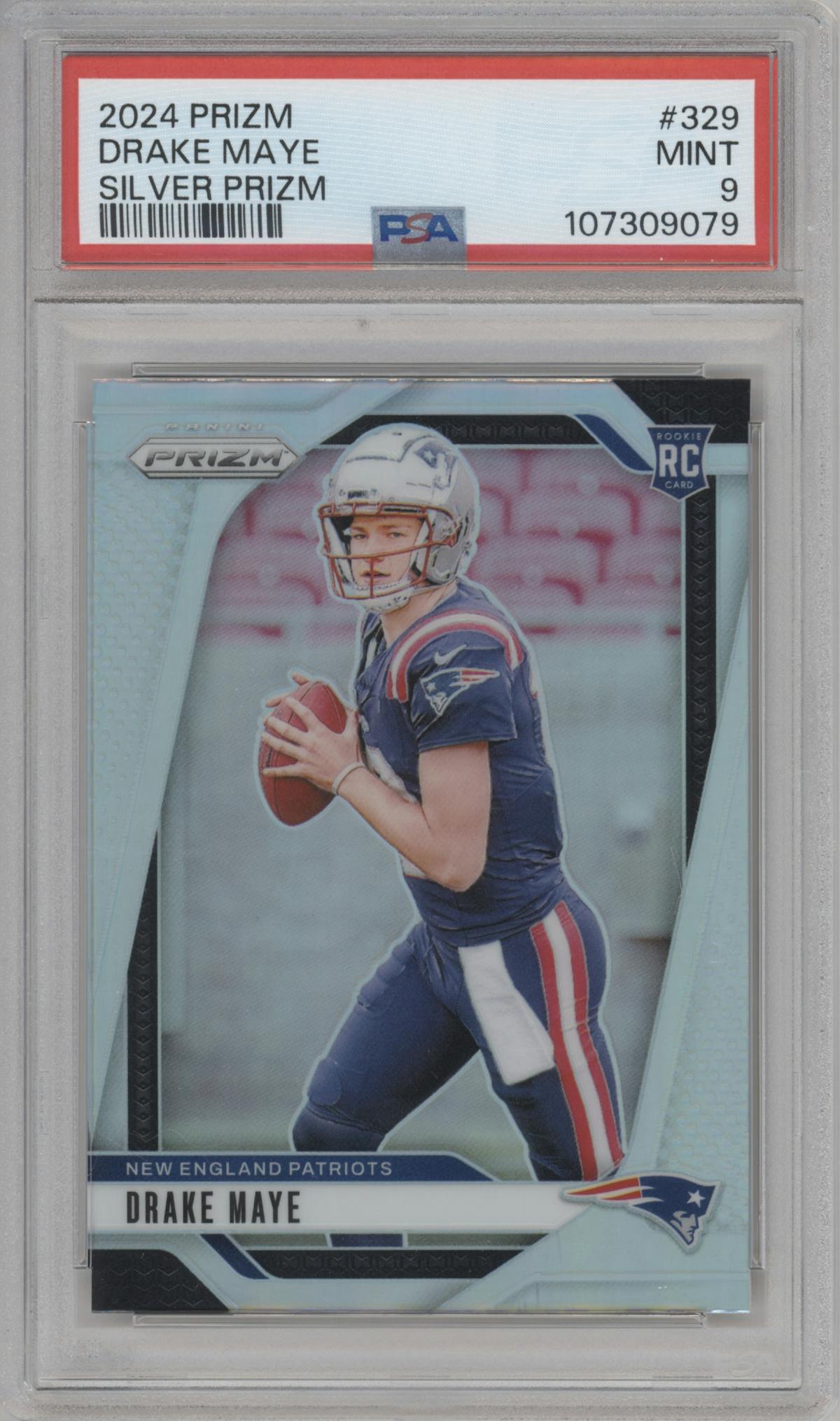 Drake Maye from the 2024 Panini Prizm set featuring a Silver Prizm parallel graded by PSA and given an overall grade of 9.