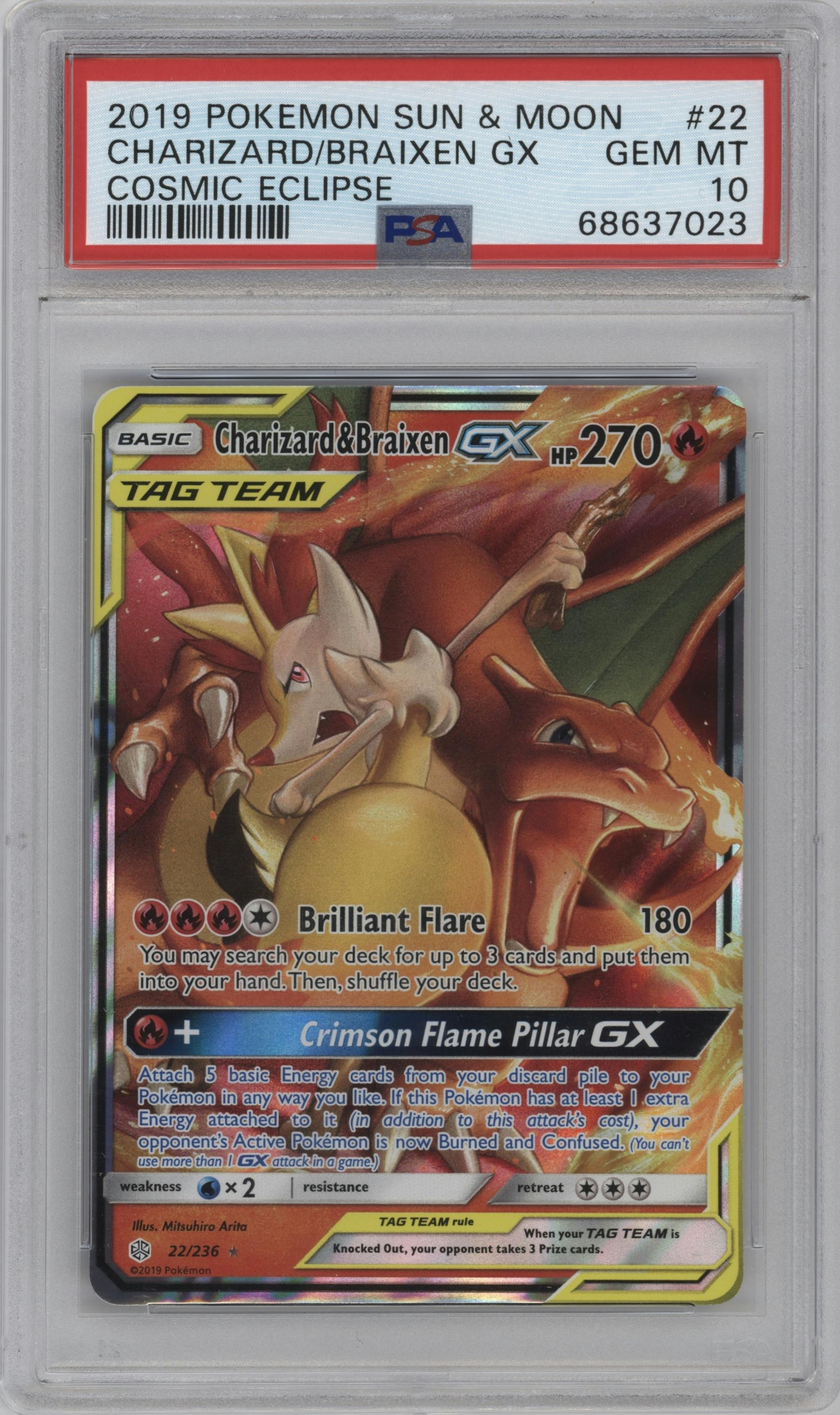 Charizard/Braixen GX from the 2019 Pokemon S&M  set graded by PSA and given an overall grade of 10.