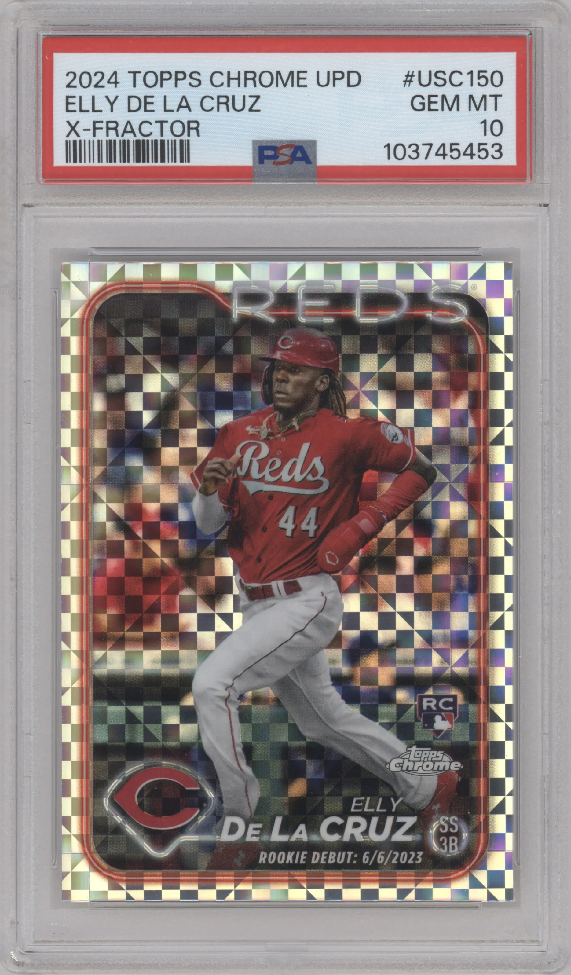 Elly De La Cruz from the 2024 Topps Chrome Update set featuring a X-Fractor parallel graded by PSA and given an overall grade of 10.