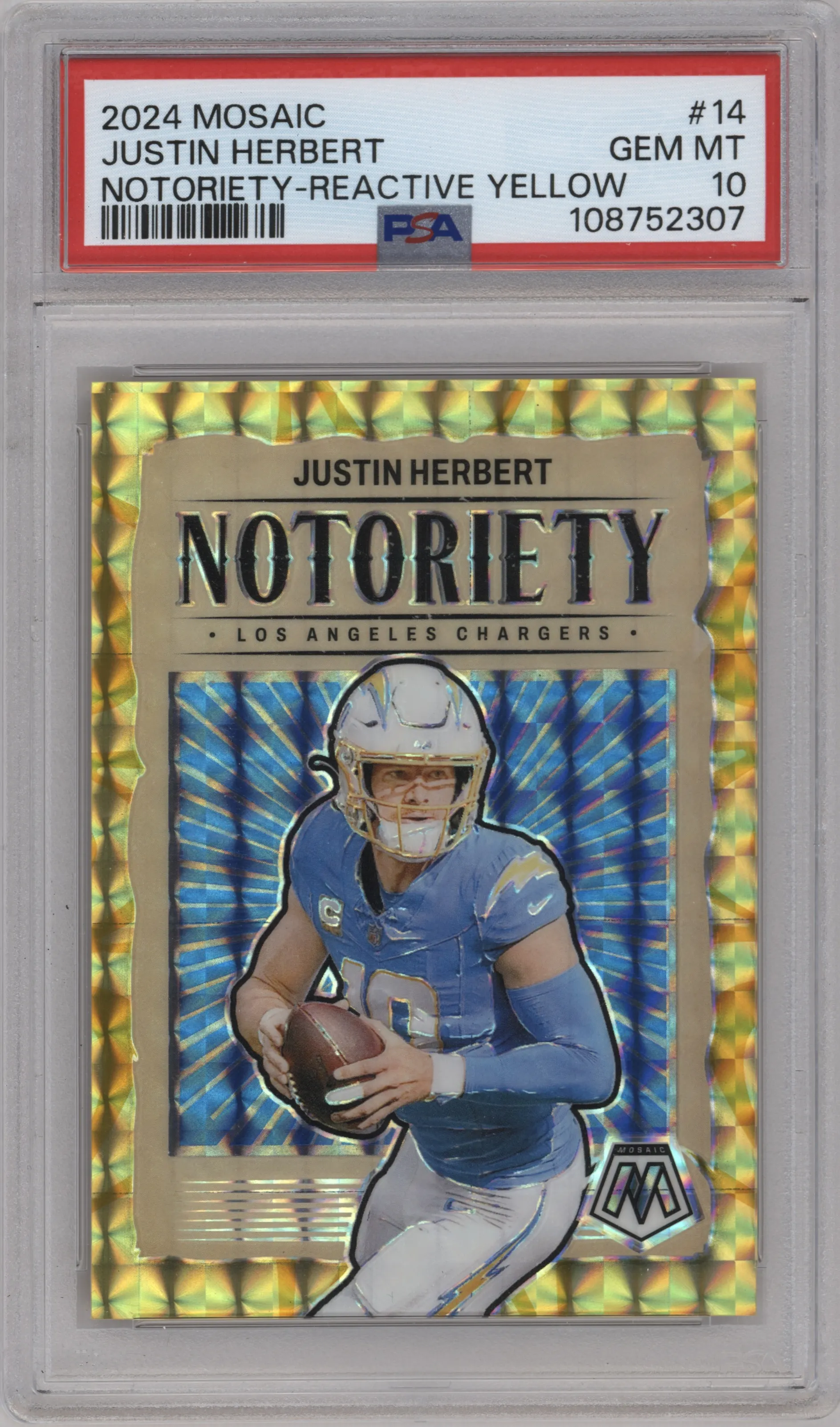 Justin Herbert from the 2024 Panini Mosaic set featuring a Reactive Yellow Mosaic parallel graded by PSA and given an overall grade of 10.