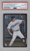 Walker Buehler from the 2015 Bowman Draft set featuring a Black Asia Refractor parallel graded by PSA and given an overall grade of 10.