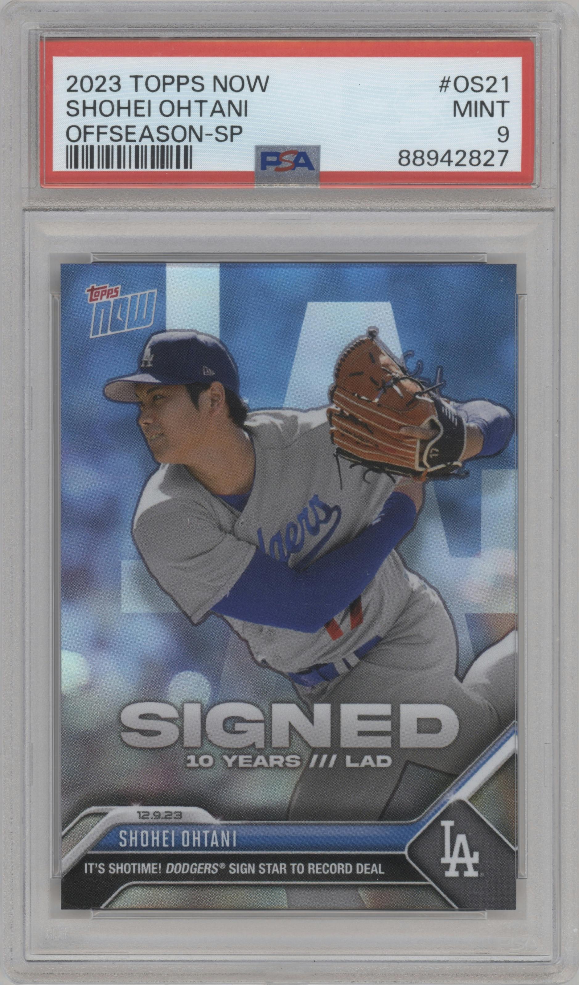 Shohei Ohtani from the 2023-24 Topps Now Off-Season set graded by PSA and given an overall grade of 9.
