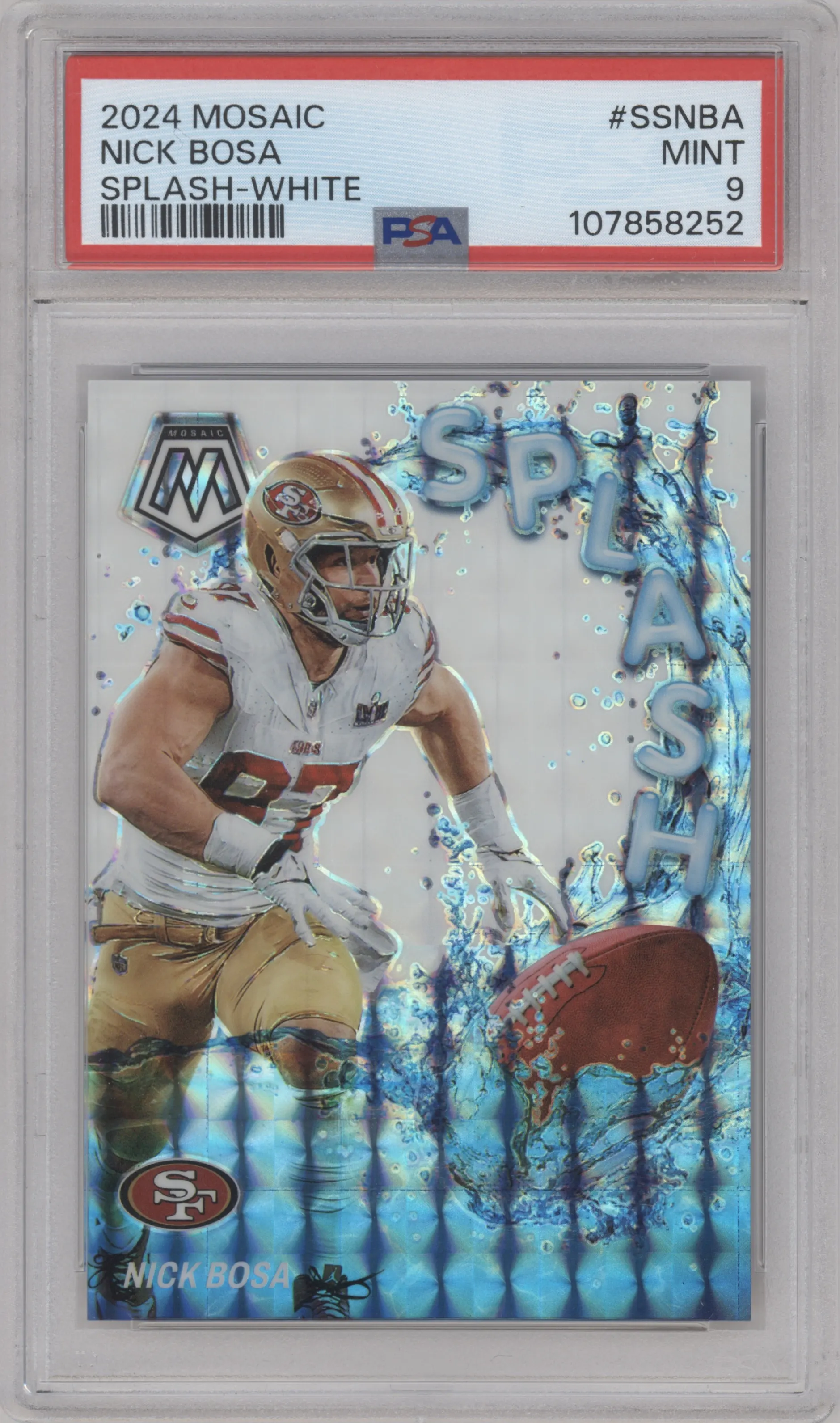 Nick Bosa from the 2024 Panini Mosaic set featuring a White Mosaic parallel graded by PSA and given an overall grade of 9.