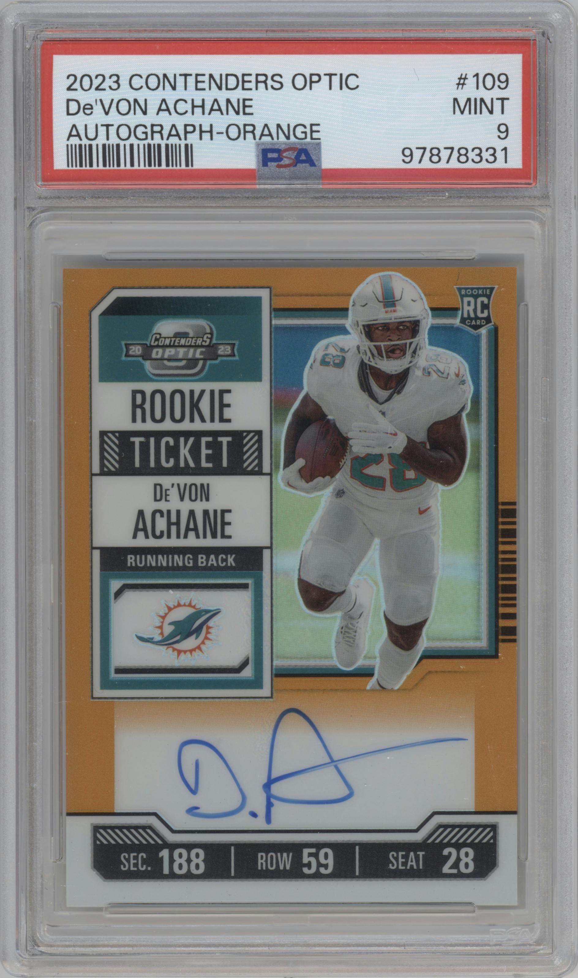 De'Von Achane from the 2023 Panini Contenders Optic set featuring a Orange parallel graded by PSA and given an overall grade of 9.