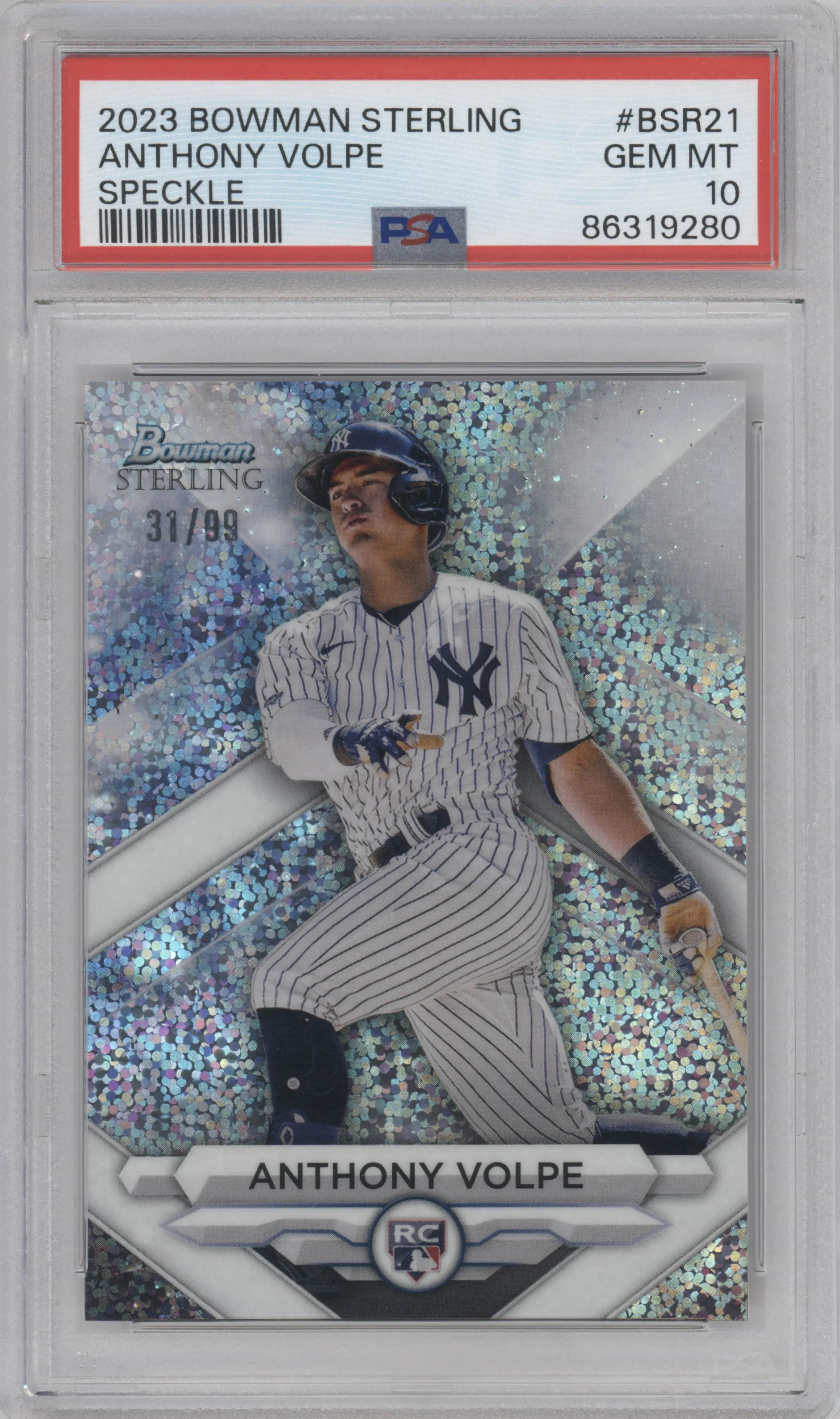 Anthony Volpe from the 2023 Bowman Sterling set featuring a Speckle Refractor parallel graded by PSA and given an overall grade of 10.