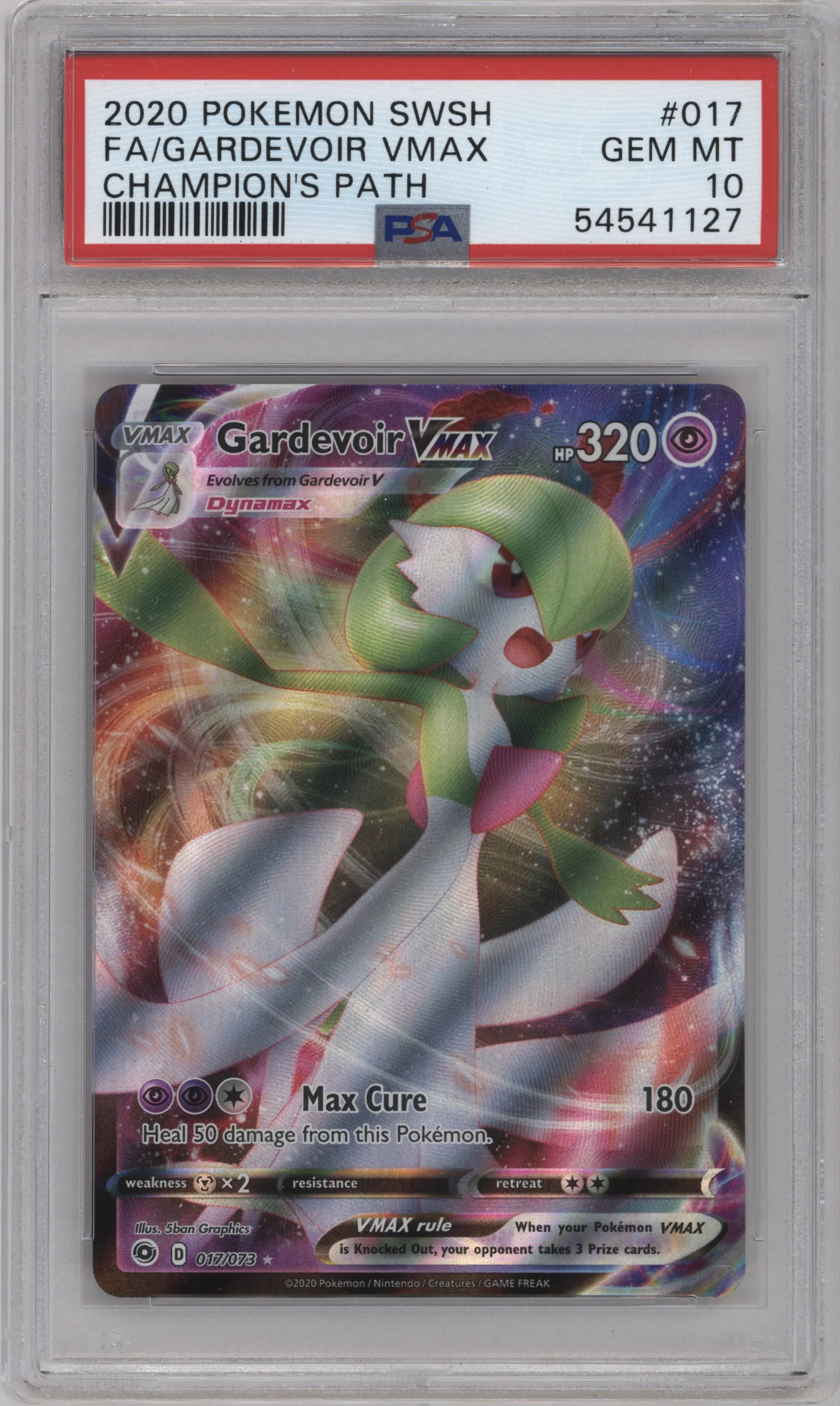 Gardevoir VMAX from the 2020 Pokemon SWSH set graded by PSA and given an overall grade of 10.