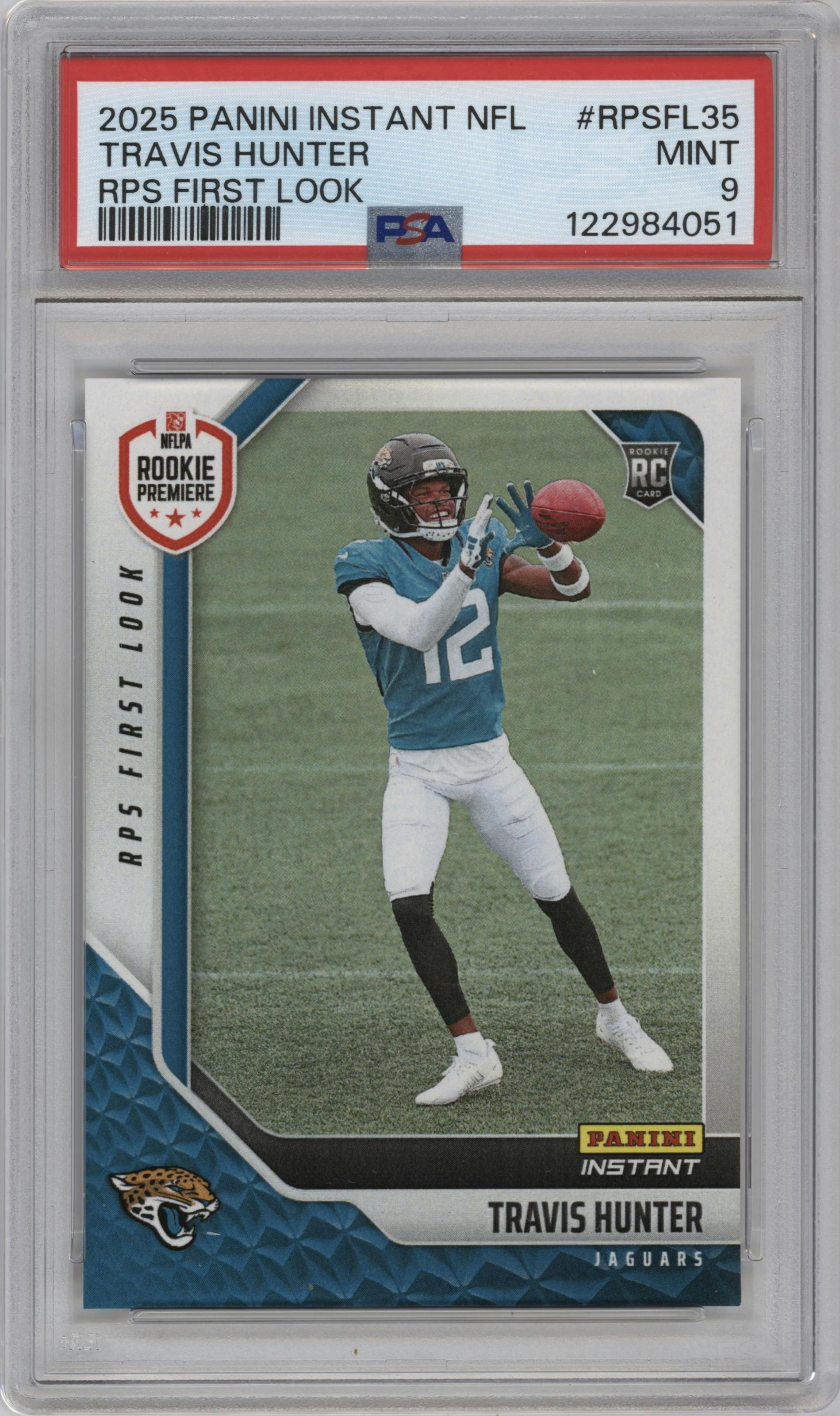Travis Hunter from the 2025 Panini Instant NFL RPS First Look set graded by PSA and given an overall grade of 9.