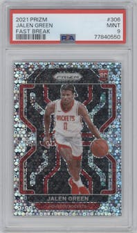 Jalen Green from the 2021-22 Panini Prizm  set featuring a Fast Break parallel graded by PSA and given an overall grade of 9.