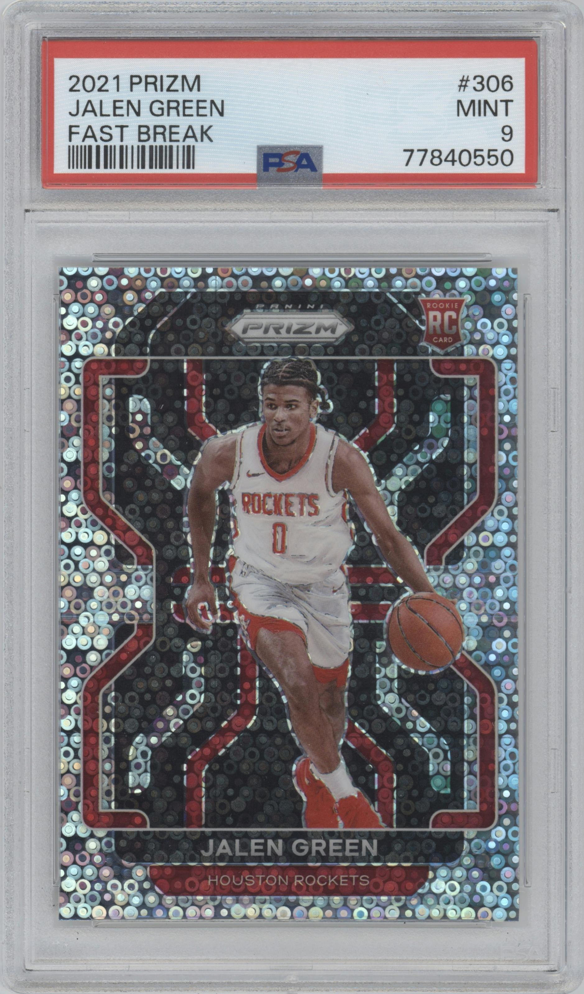 Jalen Green from the 2021-22 Panini Prizm  set featuring a Fast Break parallel graded by PSA and given an overall grade of 9.