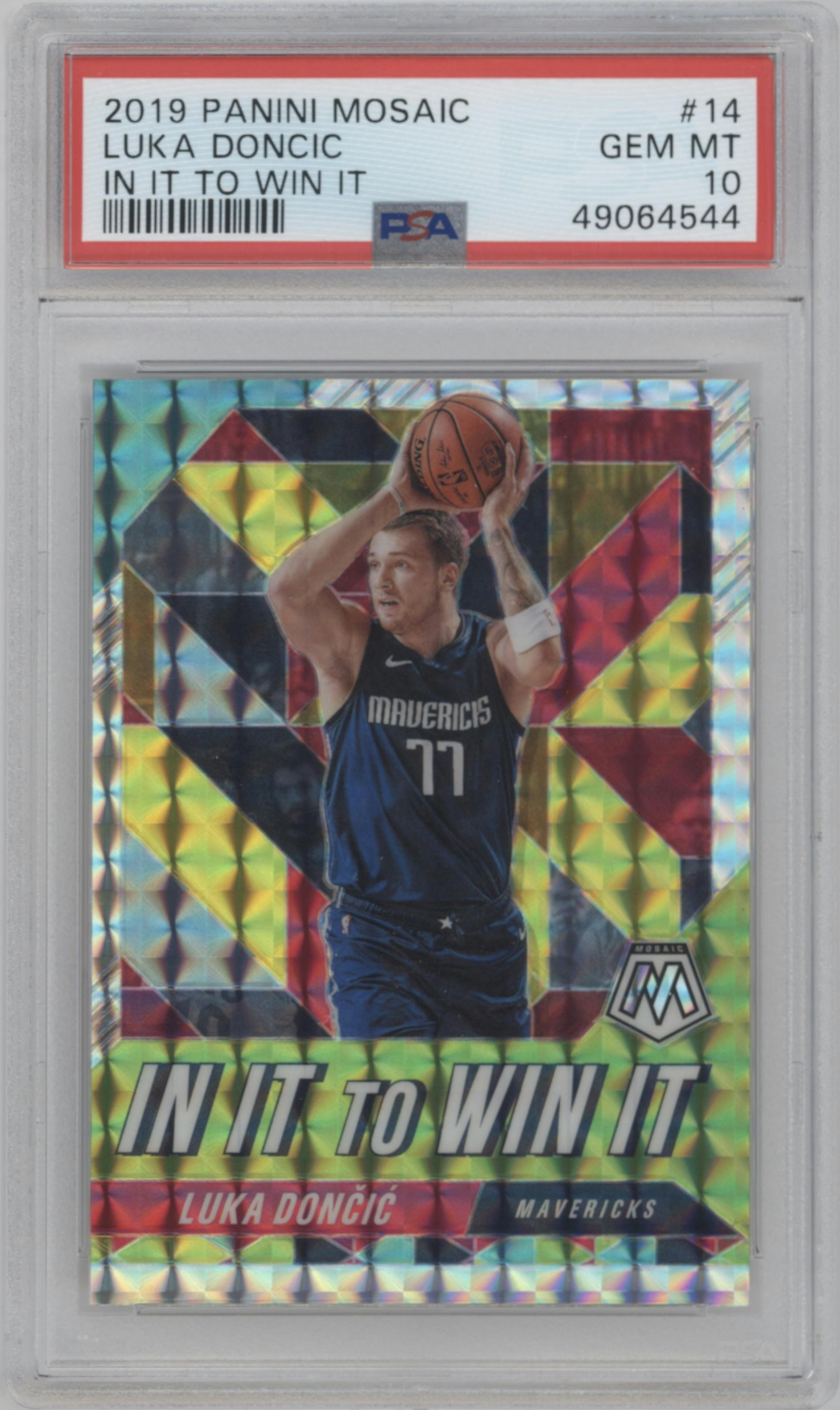 Luka Doncic from the 2019-20 Panini Mosaic  set graded by PSA and given an overall grade of 10.