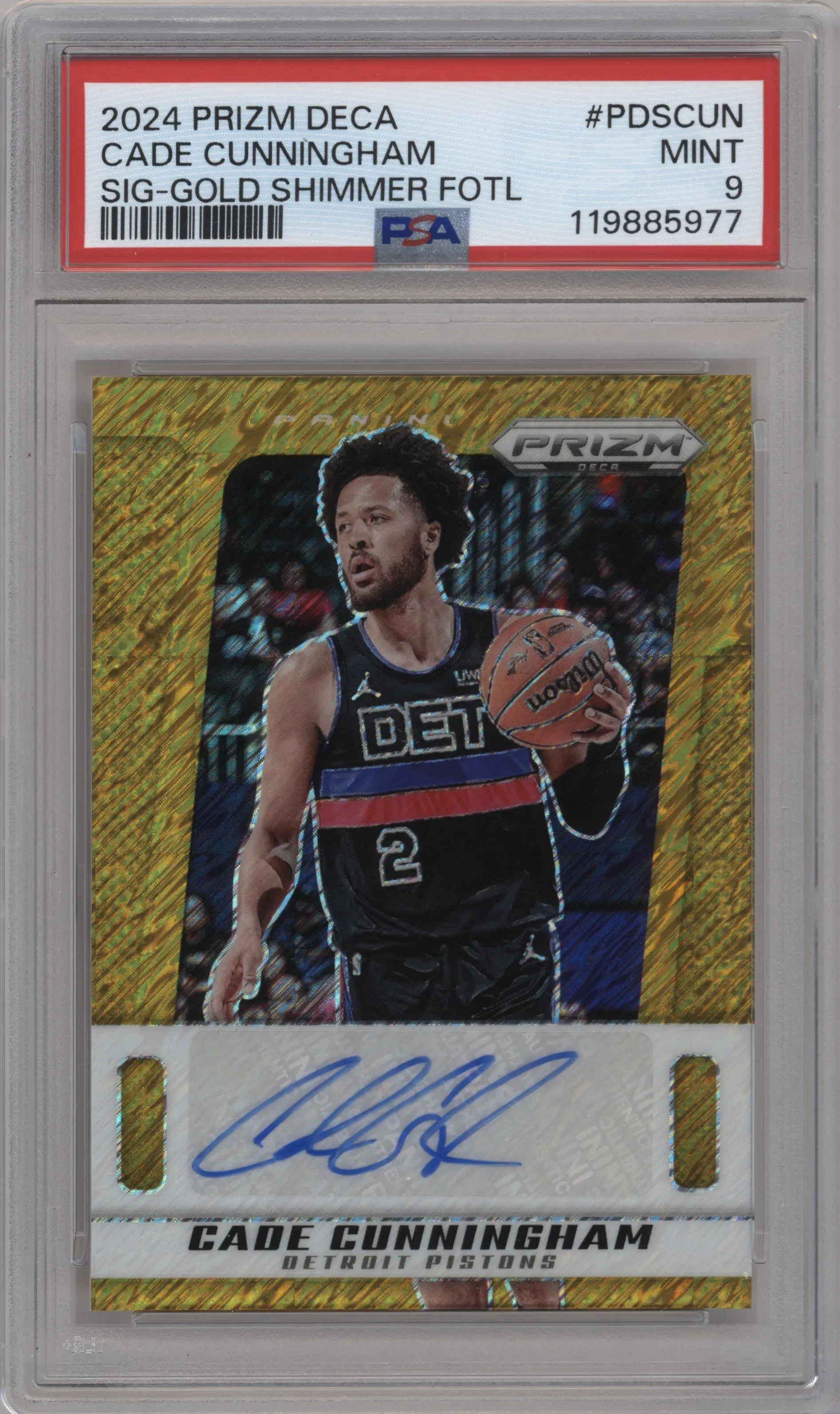 Cade Cunningham from the 2024-25 Panini Prizm Deca set featuring a Gold Shimmer FOTL parallel graded by PSA and given an overall grade of 9.