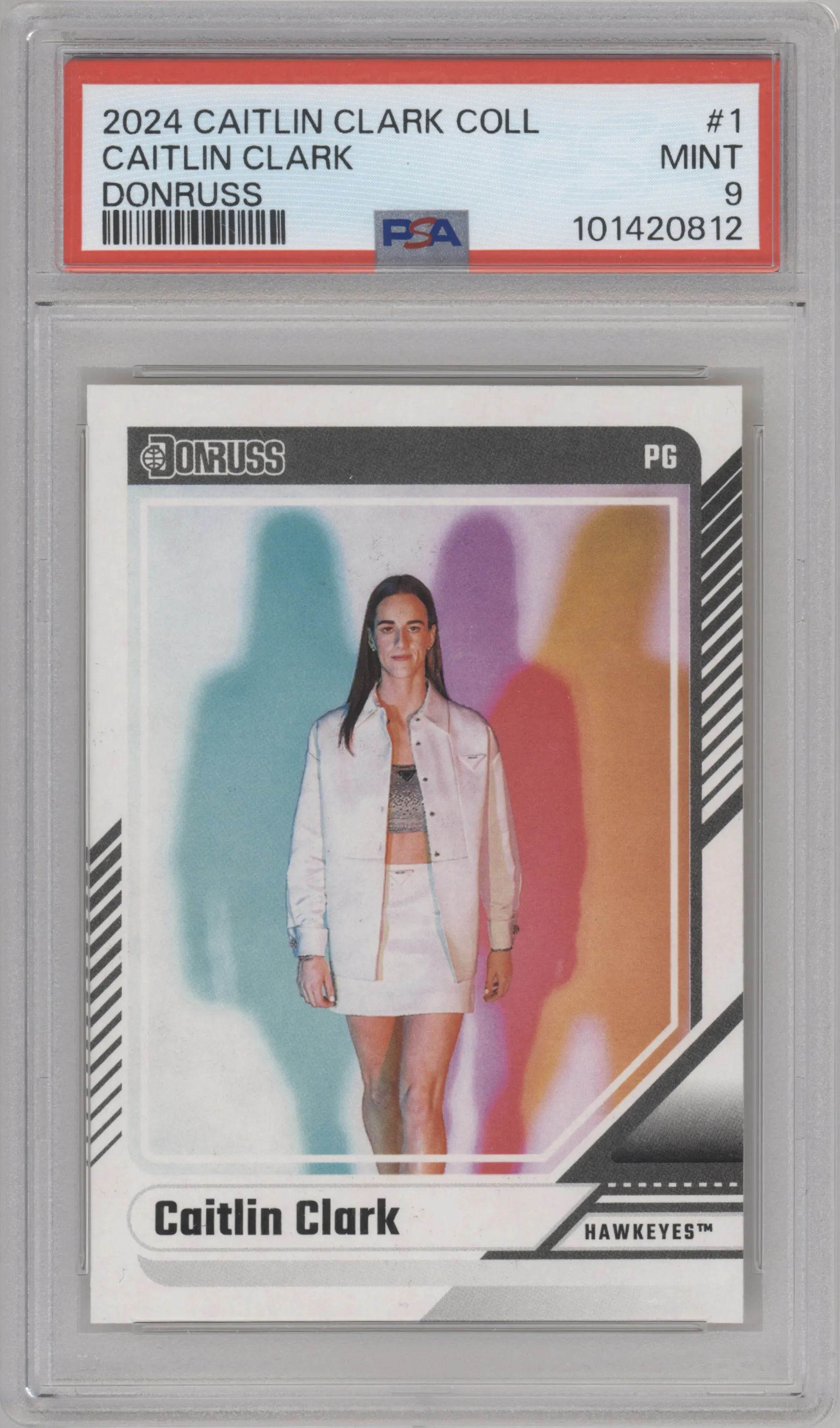 Caitlin Clark from the 2024 Panini Caitlin Clark Collection set graded by PSA and given an overall grade of 9.