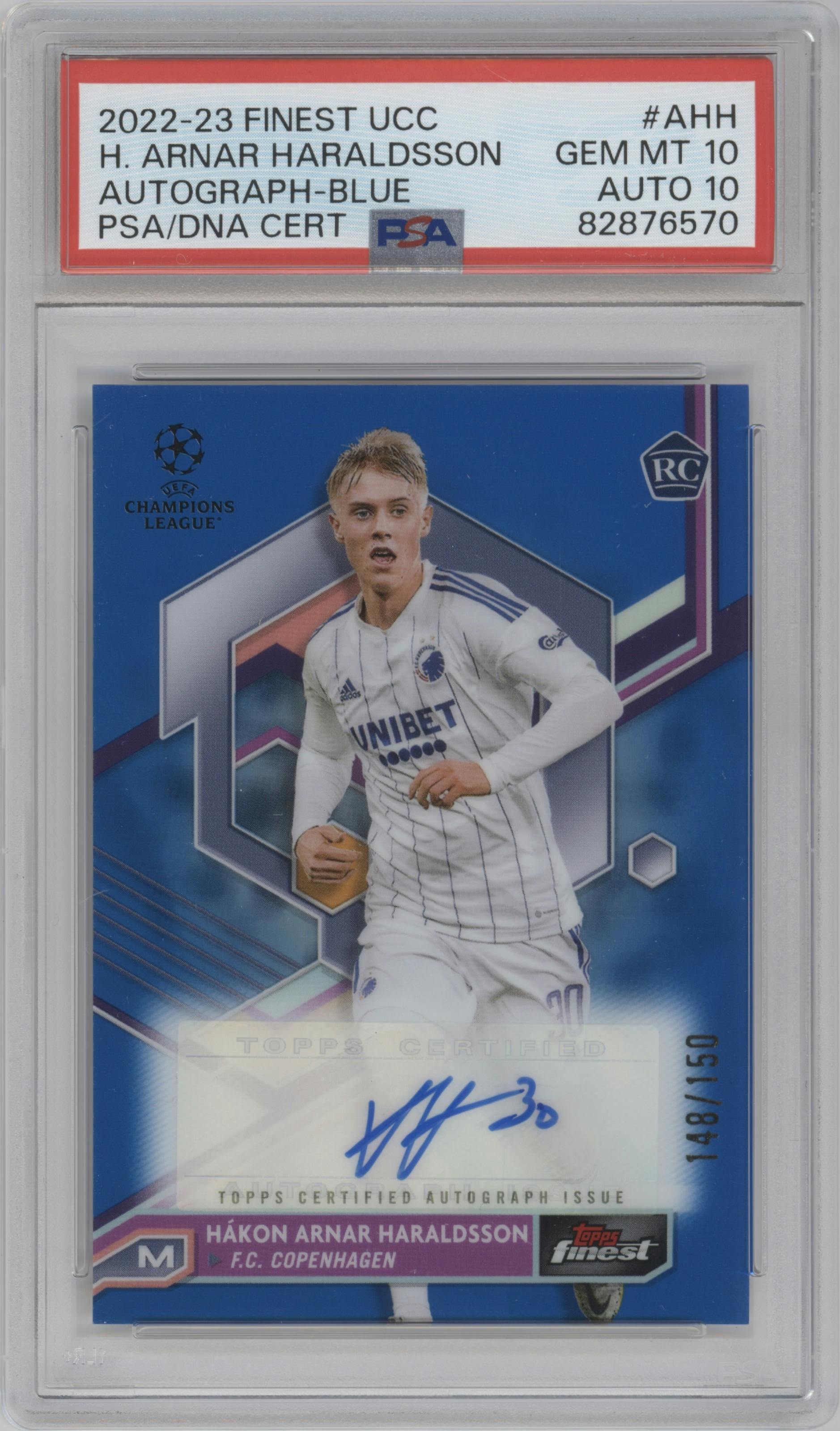 Hakon Arnar Haraldsson from the 2022-23 Finest UEFA Club Competitions set featuring a Blue Refractor parallel graded by PSA and given an overall grade of 10.
