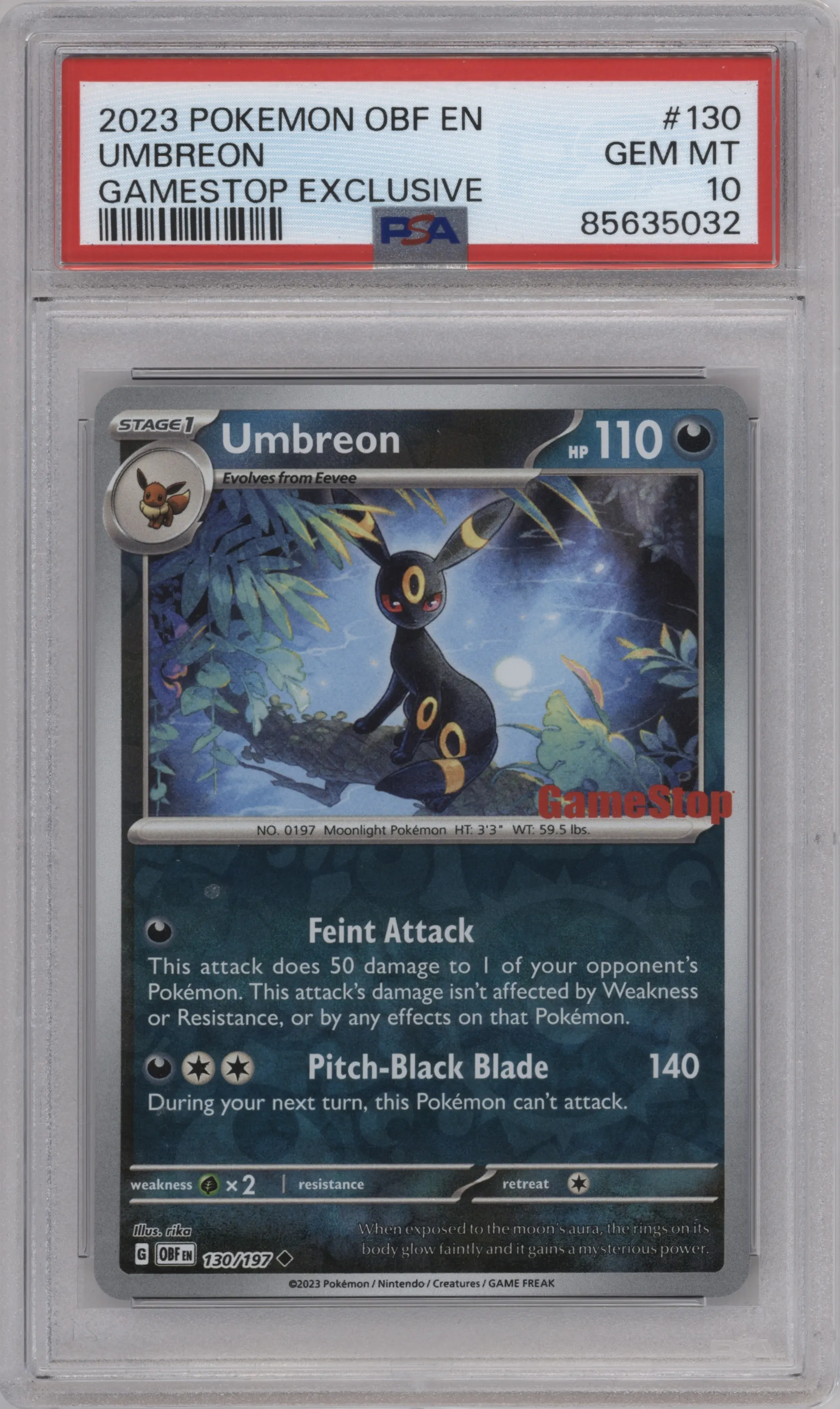 Umbreon from the 2023 Pokemon SV set featuring a Gamestop exclusive parallel graded by PSA and given an overall grade of 10.