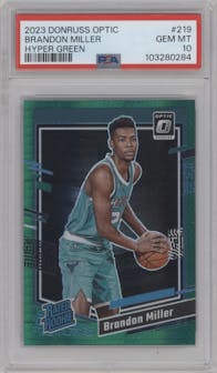 Brandon Miller from the 2023-24 Donruss Optic set featuring a Hyper Green parallel graded by PSA and given an overall grade of 10.