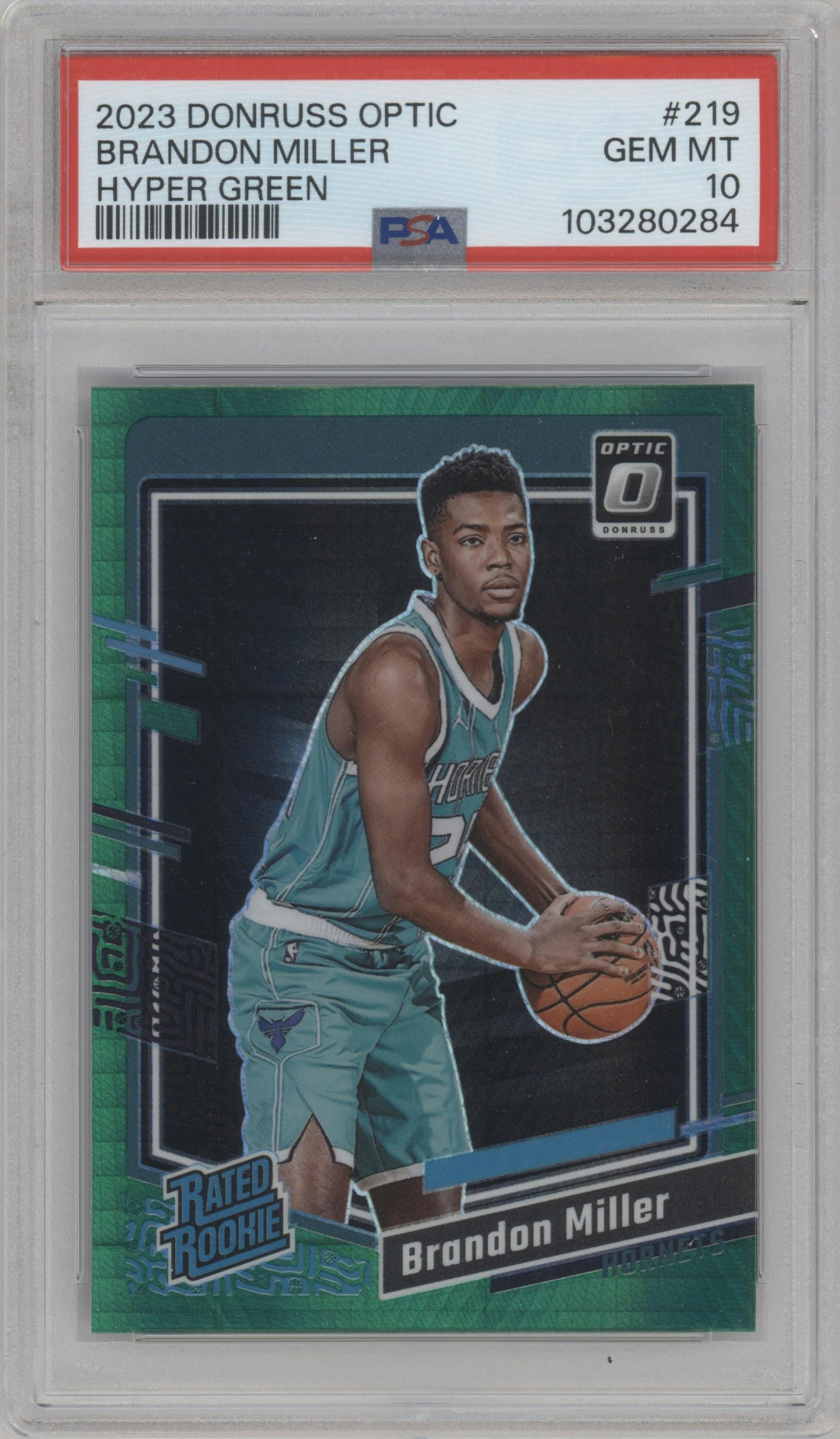 Brandon Miller from the 2023-24 Donruss Optic set featuring a Hyper Green parallel graded by PSA and given an overall grade of 10.
