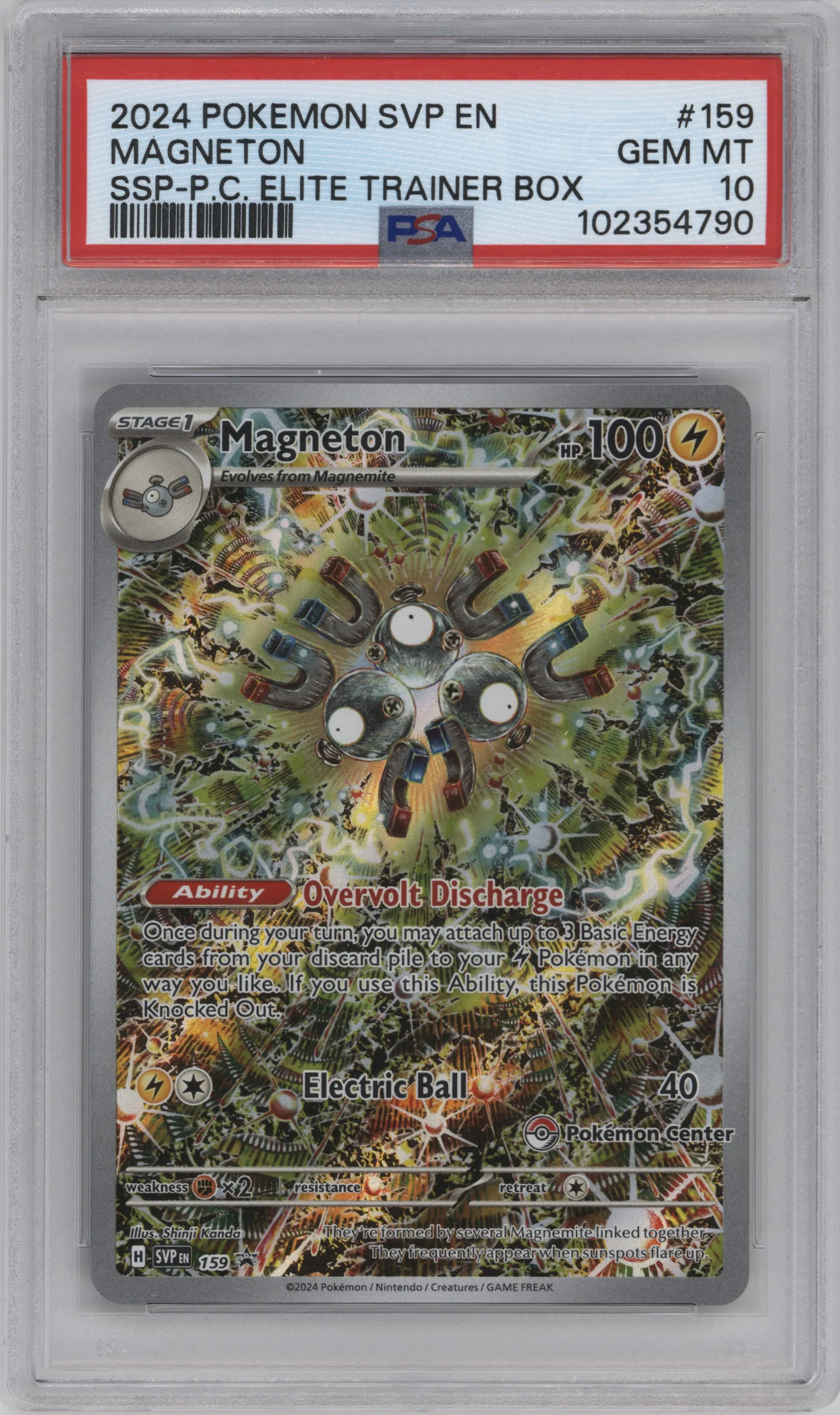 Magneton from the 2024 Pokemon SV set featuring a Surging Sparks Pokemon Center Elite Trainer boxes parallel graded by PSA and given an overall grade of 10.