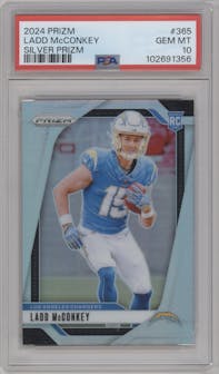 Ladd McConkey from the 2024 Panini Prizm set featuring a Silver Prizm parallel graded by PSA and given an overall grade of 10.