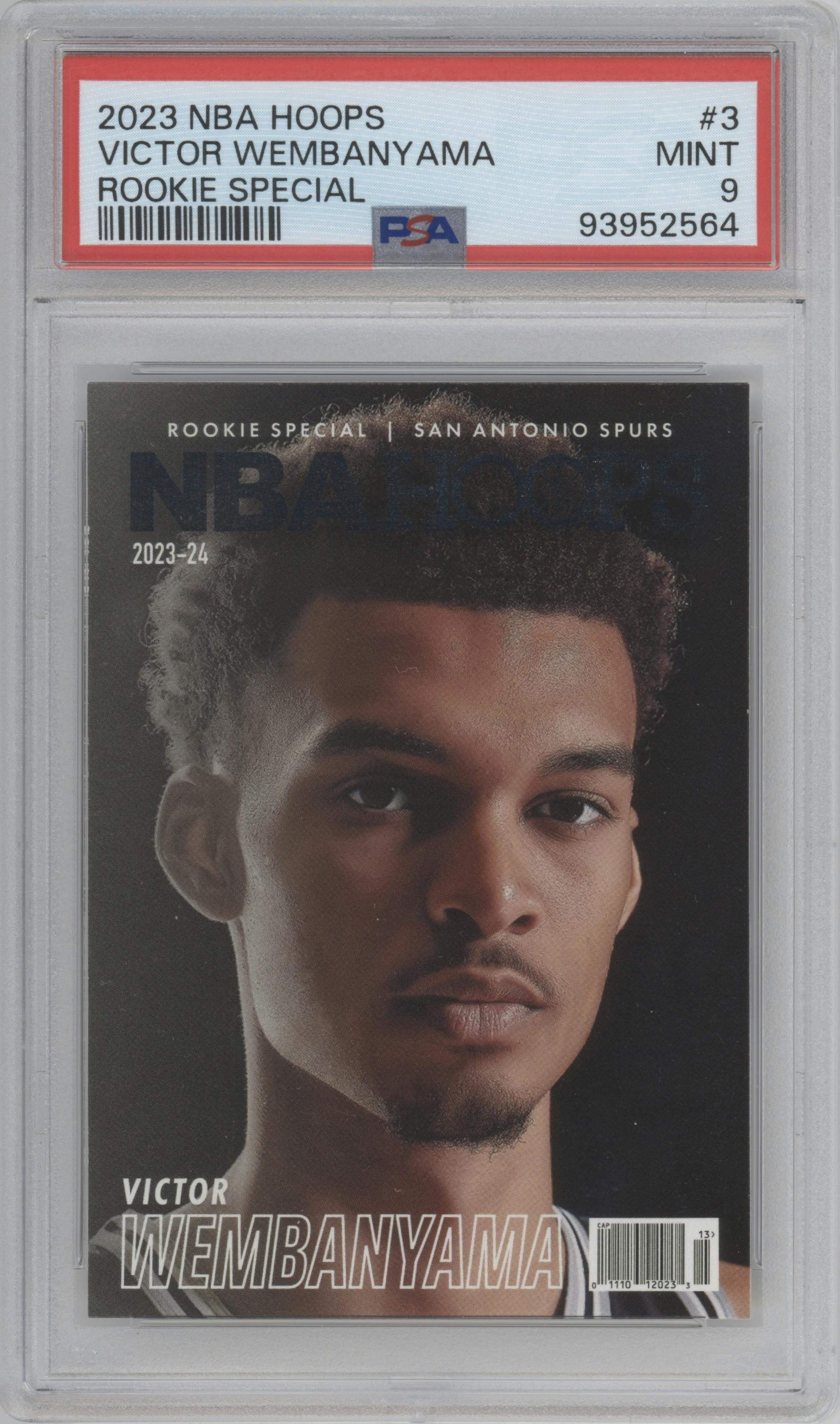 Victor Wembanyama from the 2023-24 Panini NBA Hoops set graded by PSA and given an overall grade of 9.