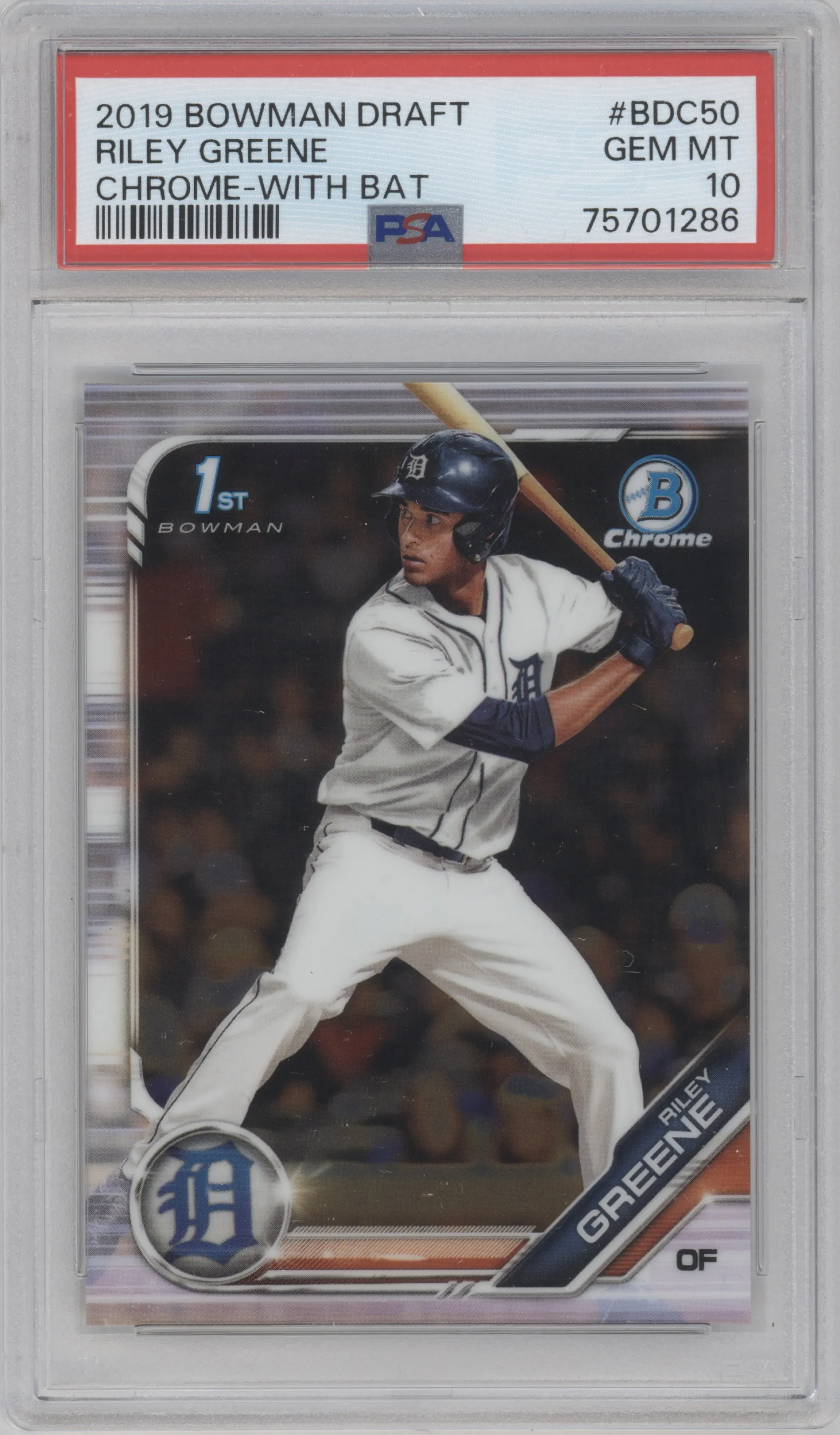 Riley Greene from the 2019 Bowman Draft set graded by PSA and given an overall grade of 10.