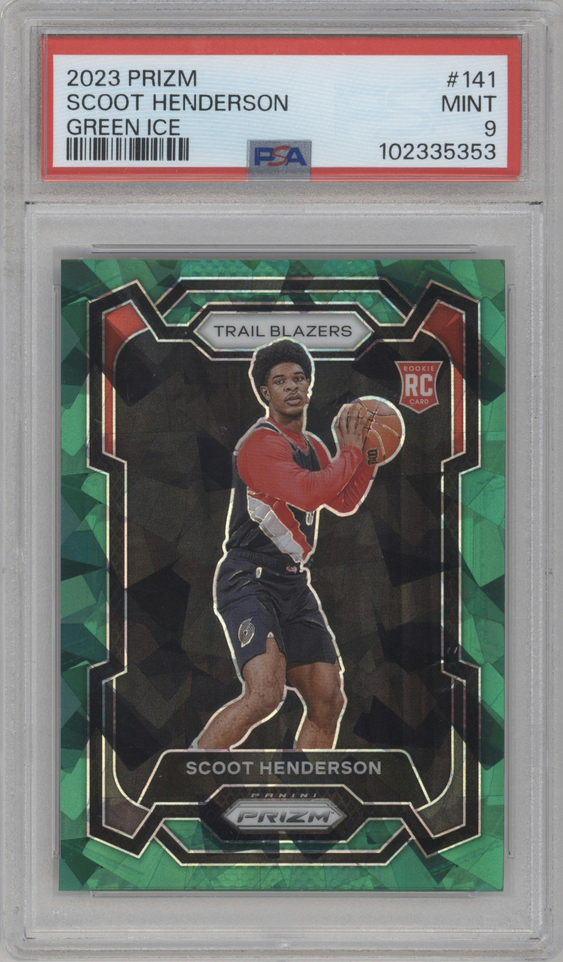Scoot Henderson from the 2023-24 Panini Prizm set featuring a Green Ice parallel graded by PSA and given an overall grade of 9.