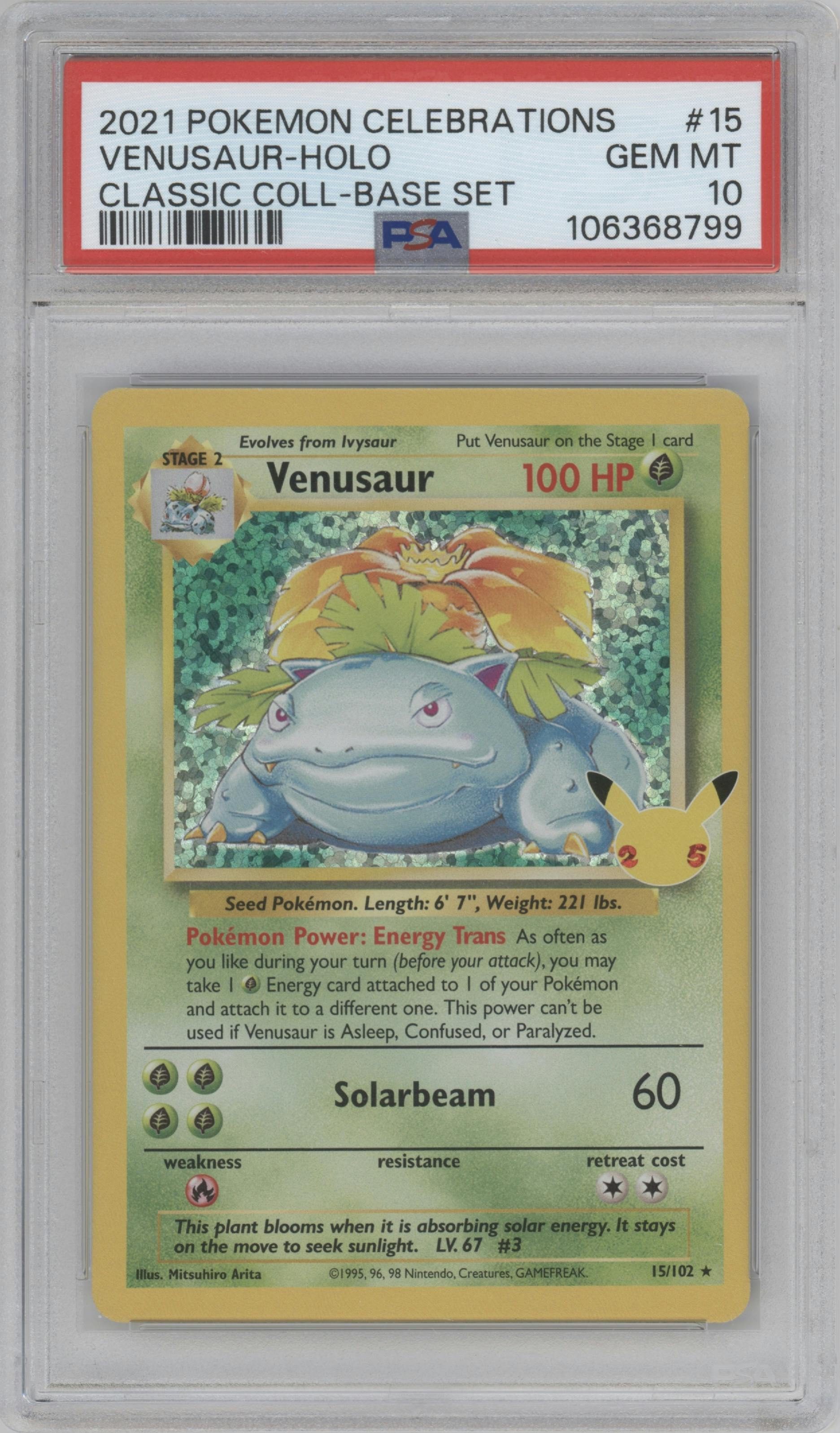 Venusaur from the 2021 Pokemon SWSH set featuring a Base Set parallel graded by PSA and given an overall grade of 10.