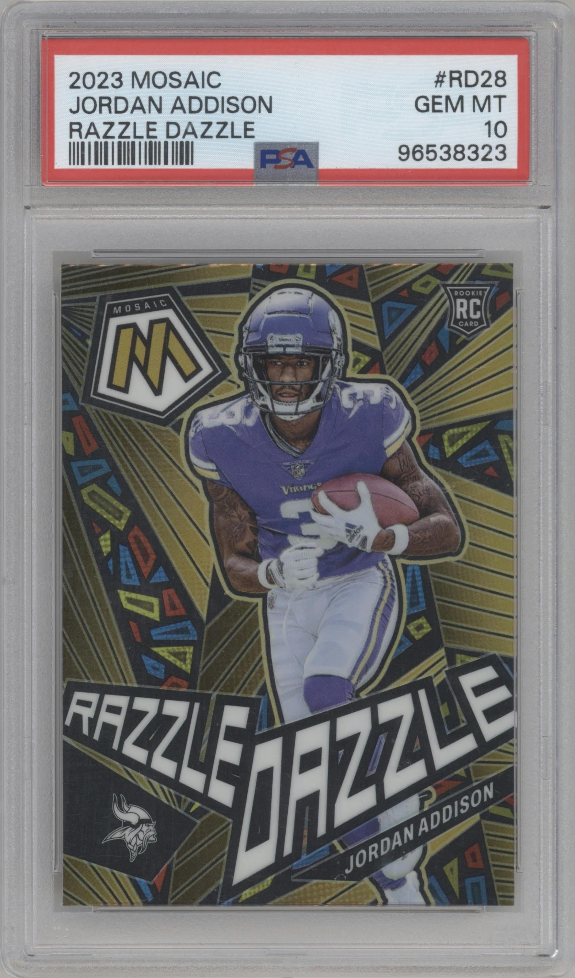 Jordan Addison from the 2023 Panini Mosaic set graded by PSA and given an overall grade of 10.