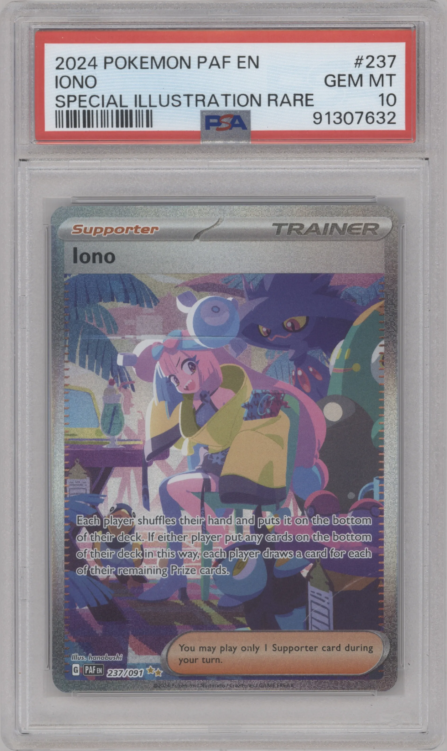 Iono from the 2024 Pokemon SV set graded by PSA and given an overall grade of 10.