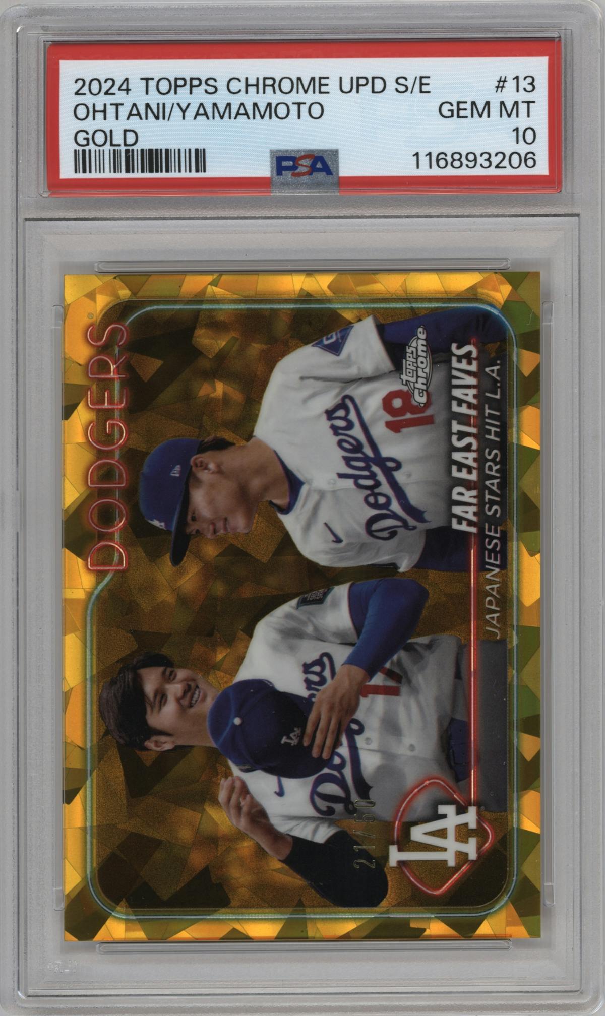 Shohei Ohtani/Yoshinobu Yamamoto from the 2024 Topps Chrome Update Sapphire Edition set featuring a Gold Sapphire Refractor parallel graded by PSA and given an overall grade of 10.