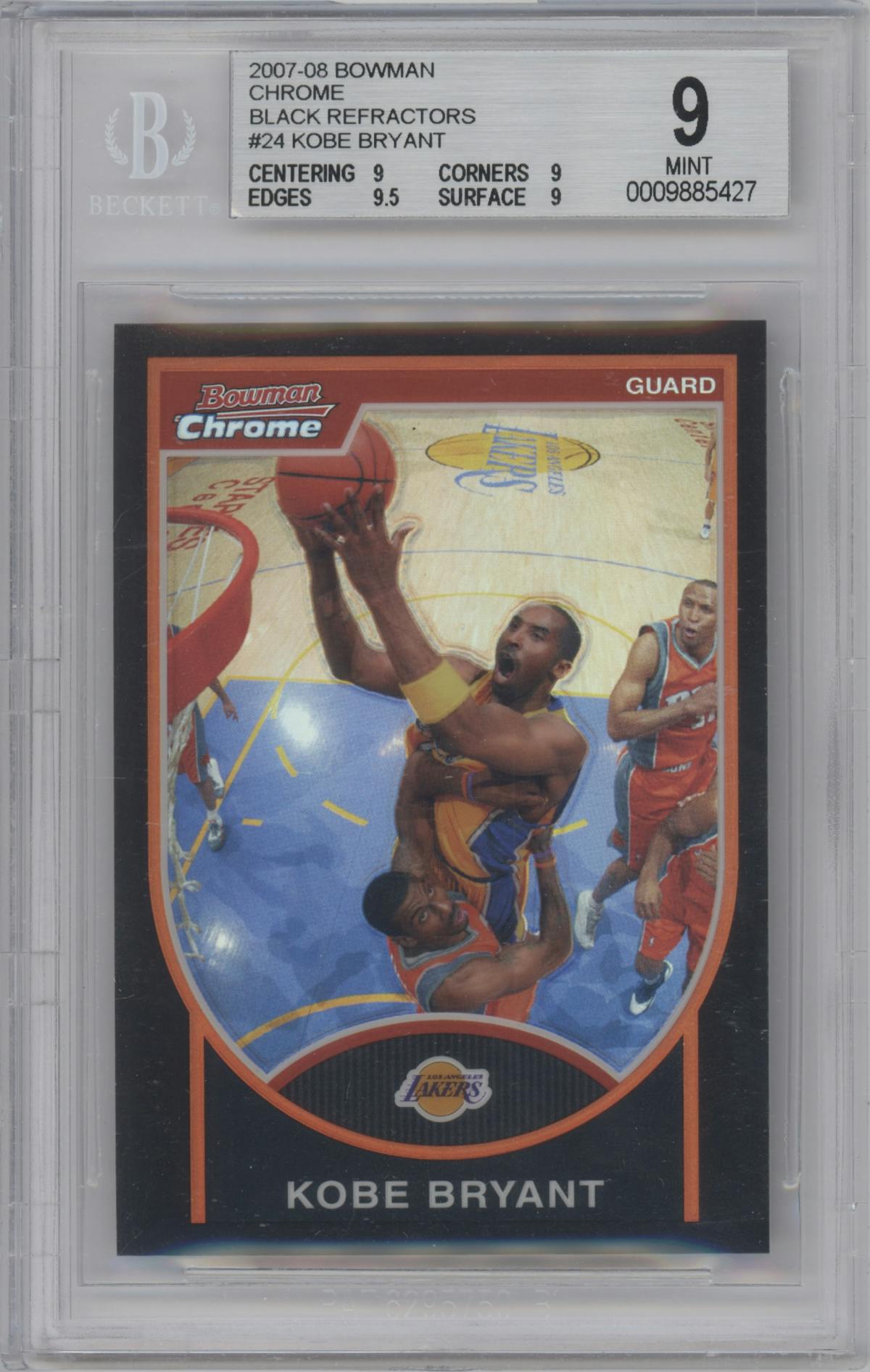 Kobe Bryant from the 2007-08 Bowman set featuring a Black Refractor parallel graded by Beckett and given an overall grade of 9.