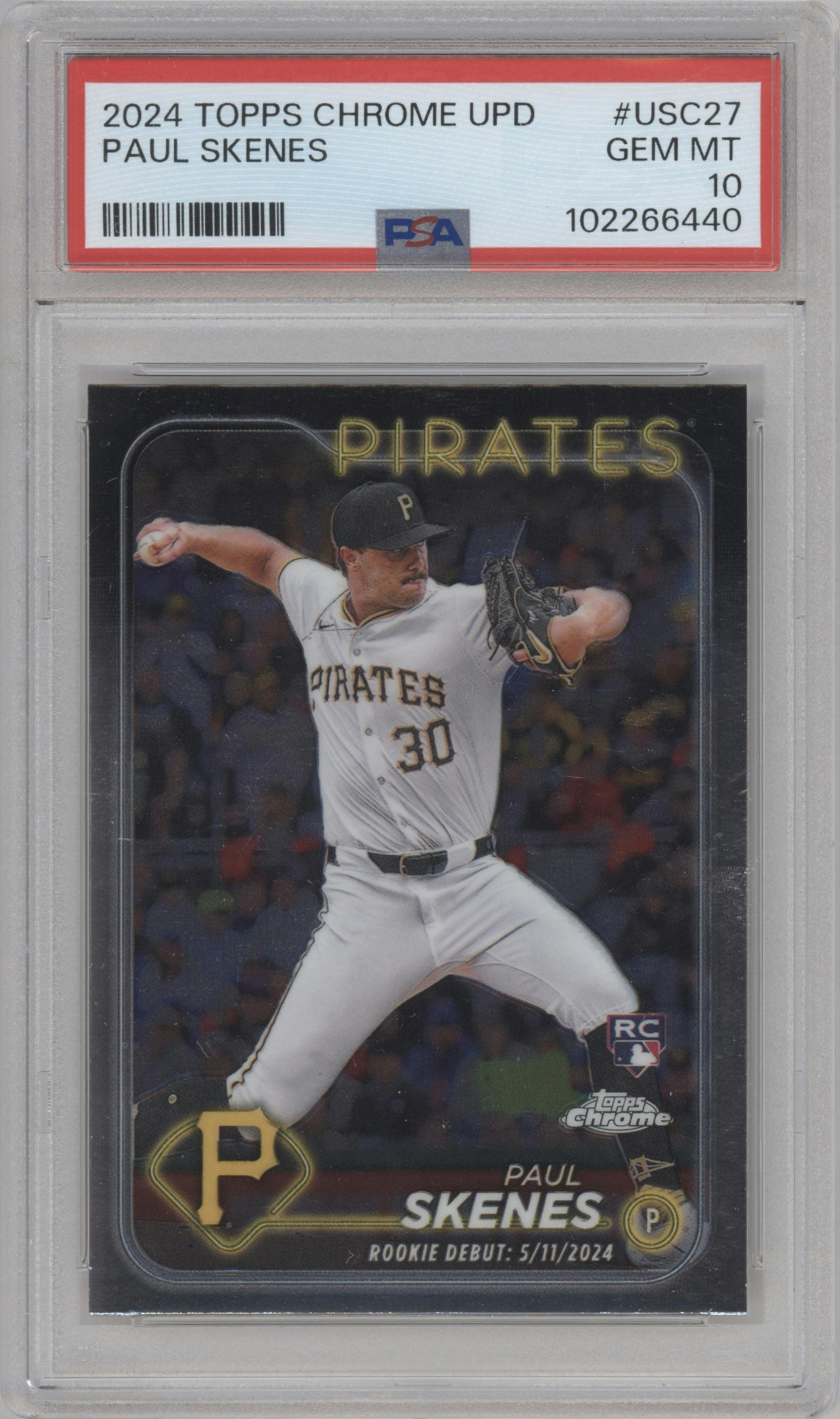 Paul Skenes from the 2024 Topps Chrome Update set graded by PSA and given an overall grade of 10.