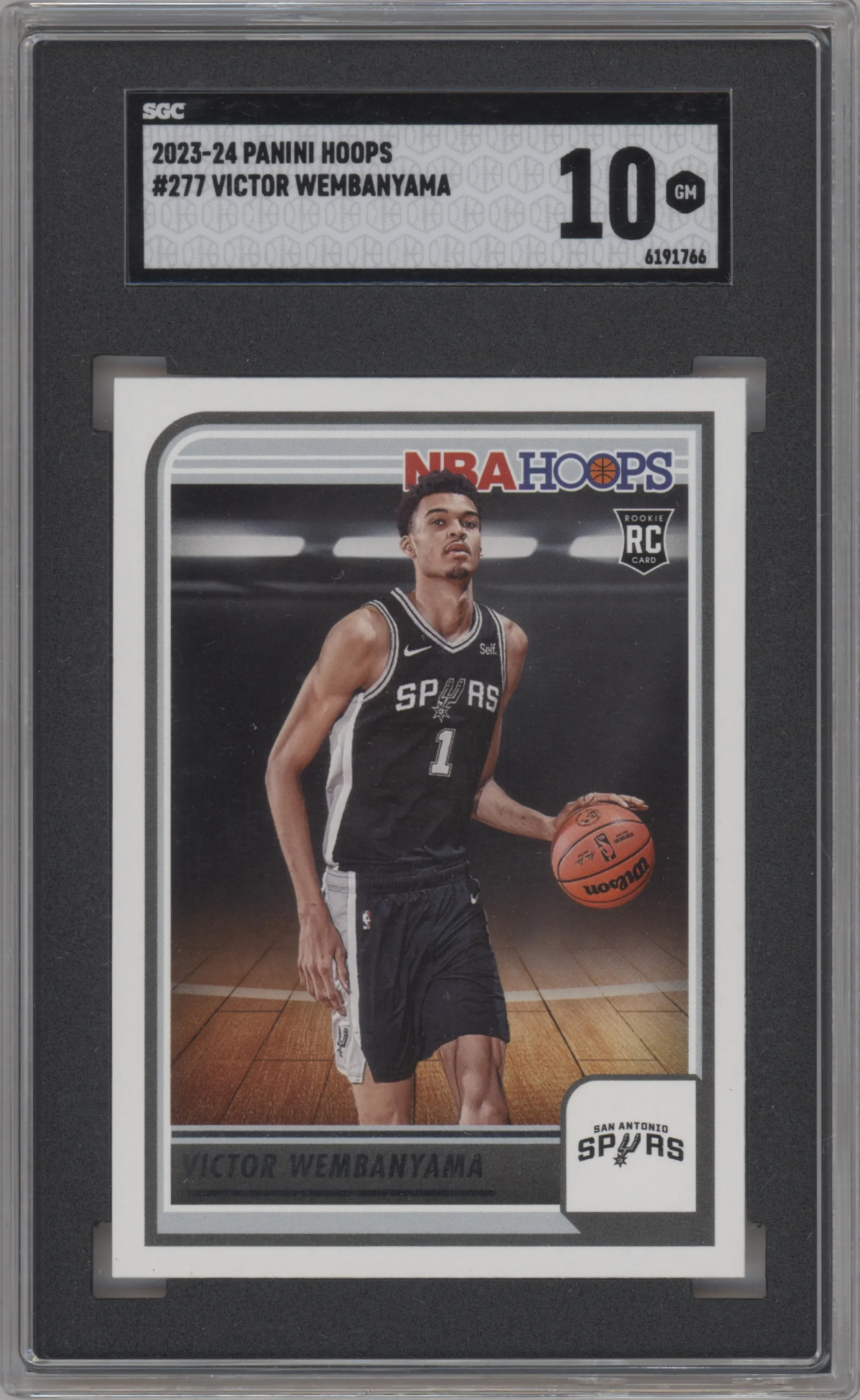 Victor Wembanyama from the 2023-24 Panini NBA Hoops set graded by SGC and given an overall grade of 10.