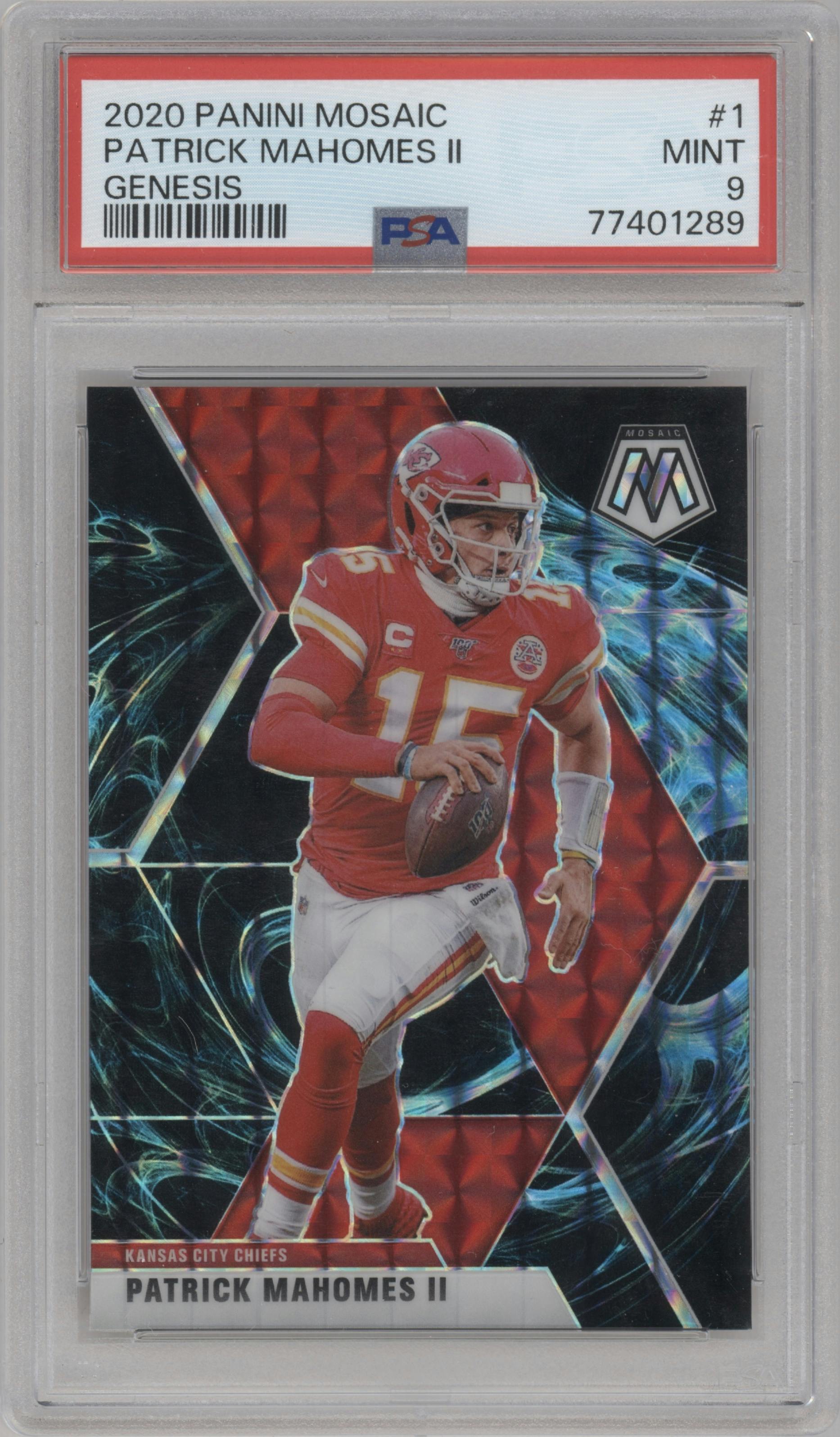 Patrick Mahomes II from the 2020 Panini Mosaic set featuring a Genesis parallel graded by PSA and given an overall grade of 9.