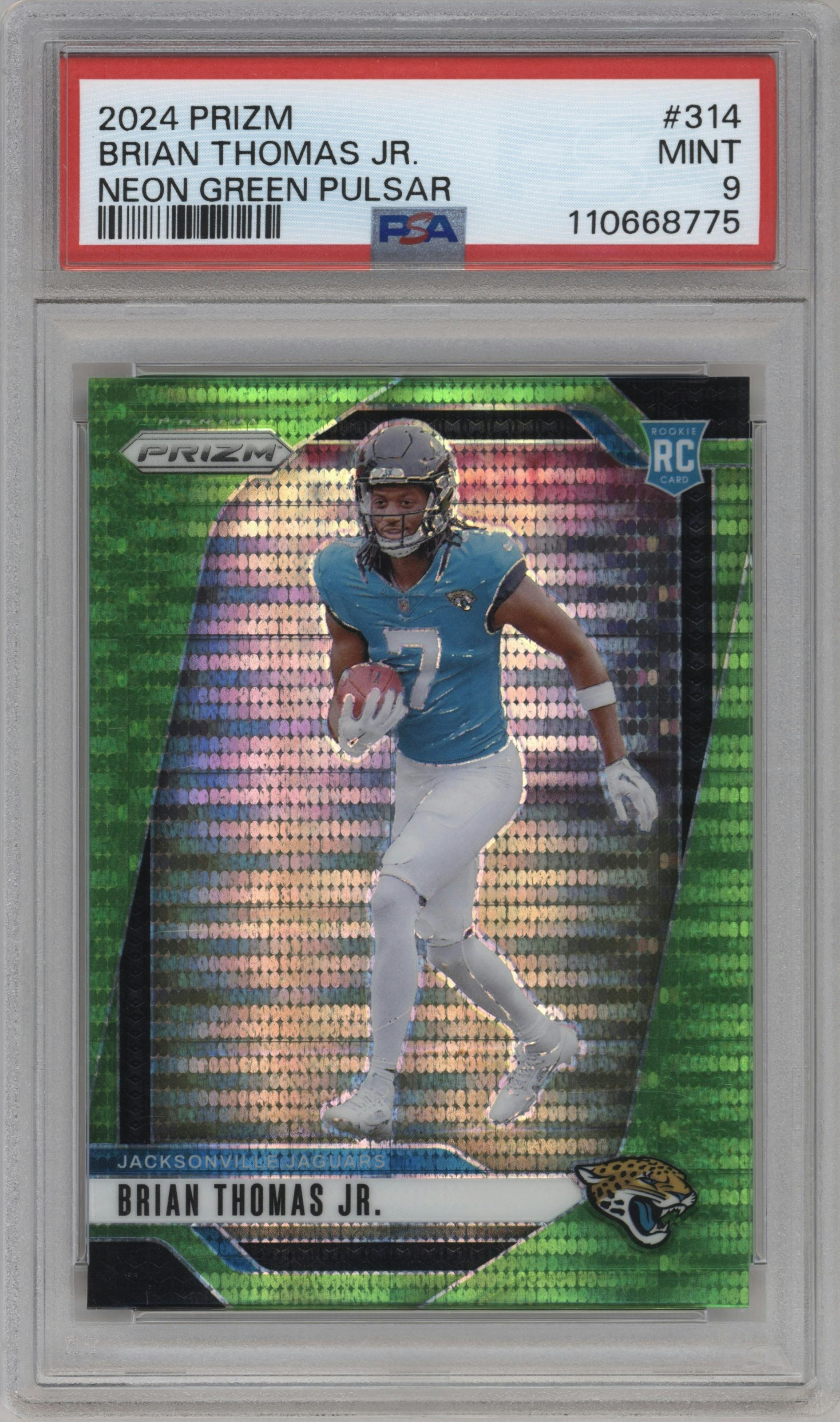 Brian Thomas Jr. from the 2024 Panini Prizm set featuring a Neon Green Pulsar  parallel graded by PSA and given an overall grade of 9.