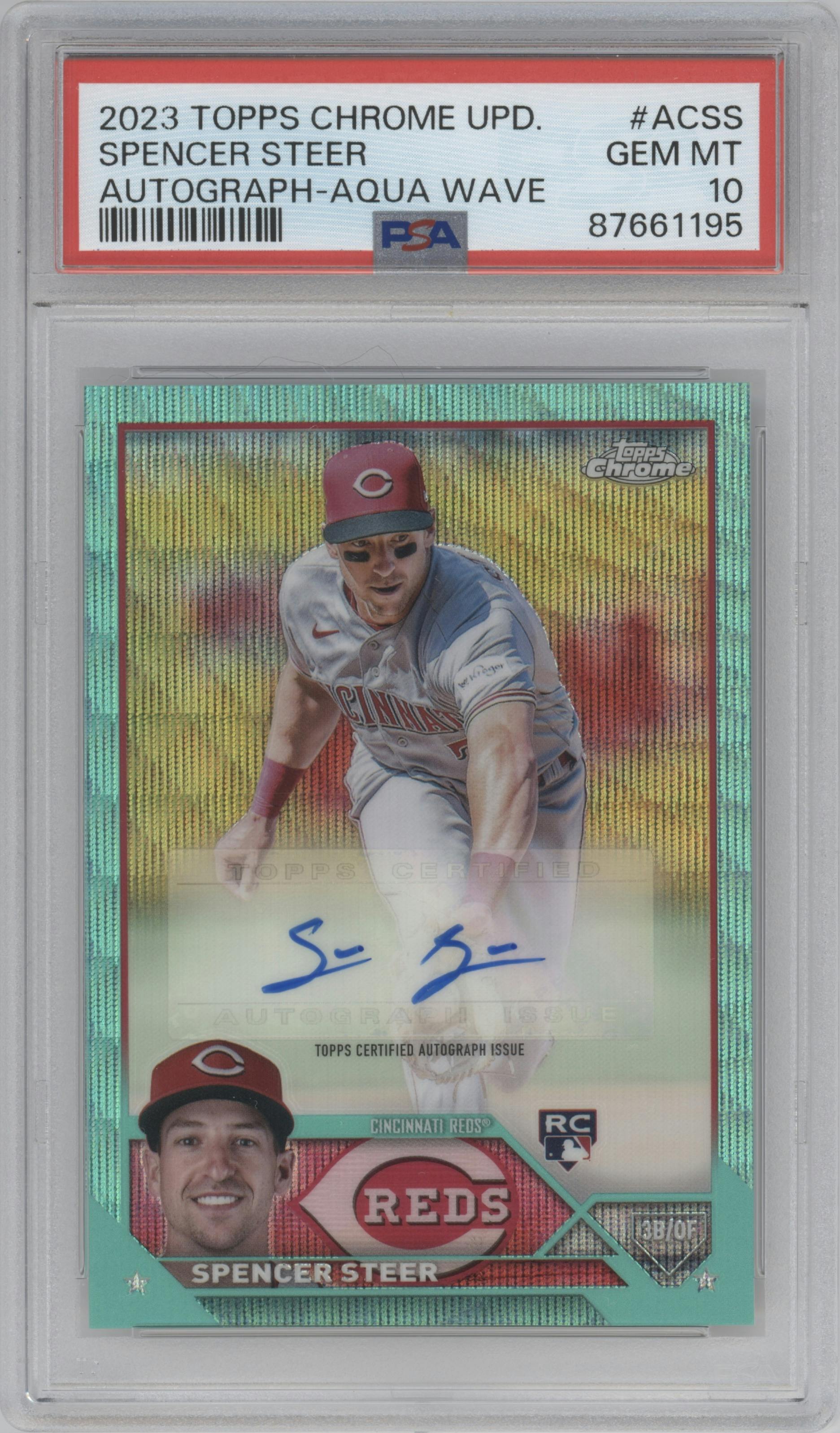 Spencer Steer from the 2023 Topps Chrome Update set featuring a Aqua Wave Refractor parallel graded by PSA and given an overall grade of 10.