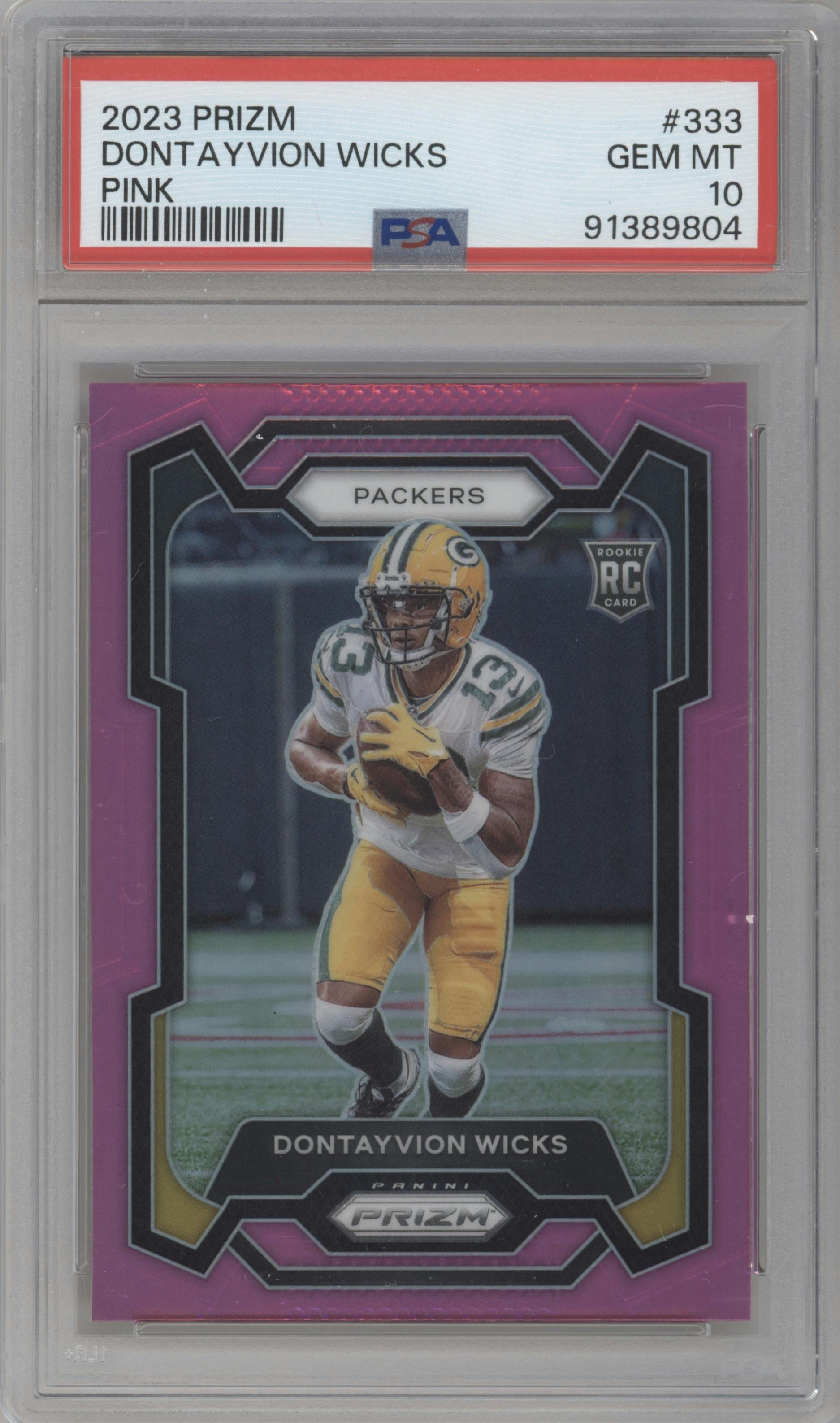 Dontayvion Wicks from the 2023 Panini Prizm set featuring a Pink Prizm parallel graded by PSA and given an overall grade of 10.